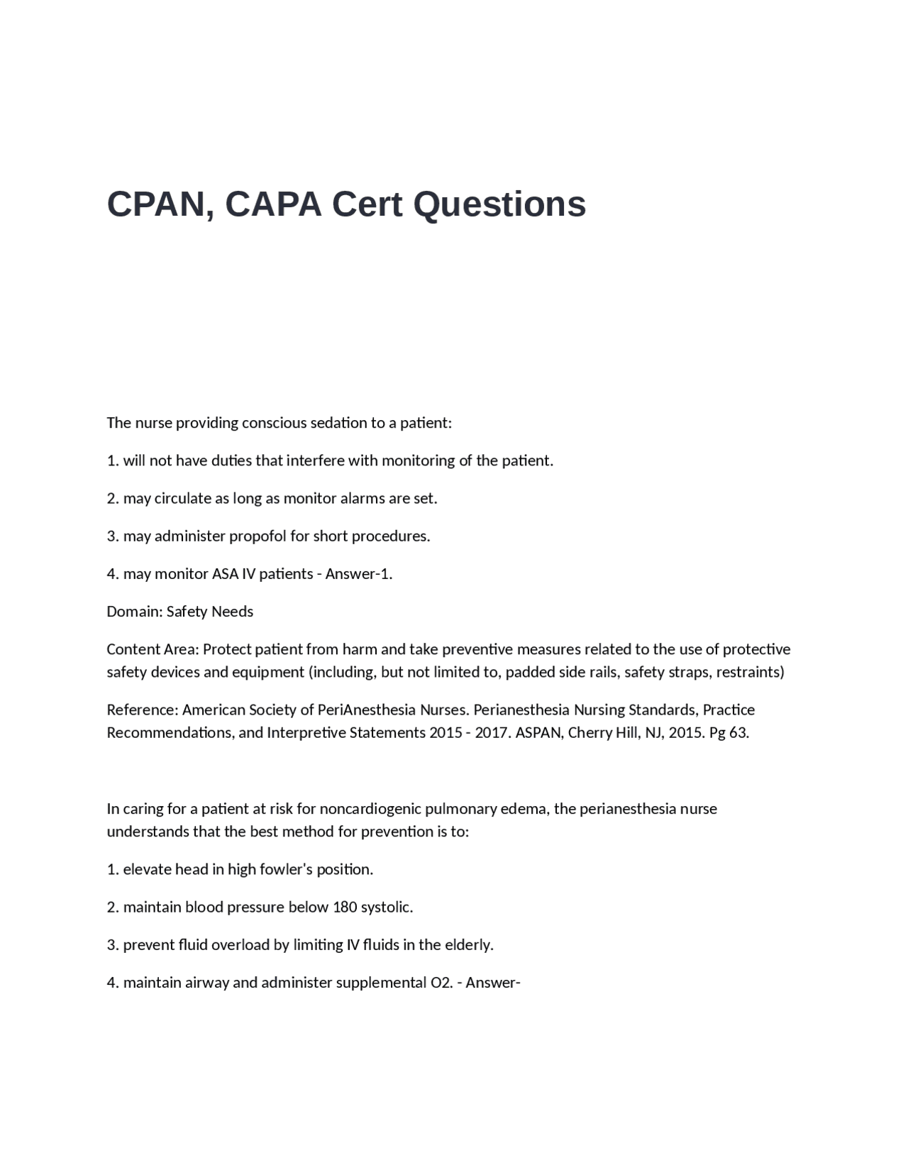 CPAN, CAPA Cert Questions | Exams Nursing | Docsity