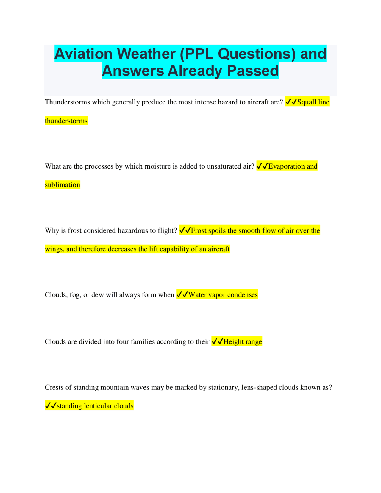 Aviation Weather (PPL Questions) and Answers Already Passed | Exams ...