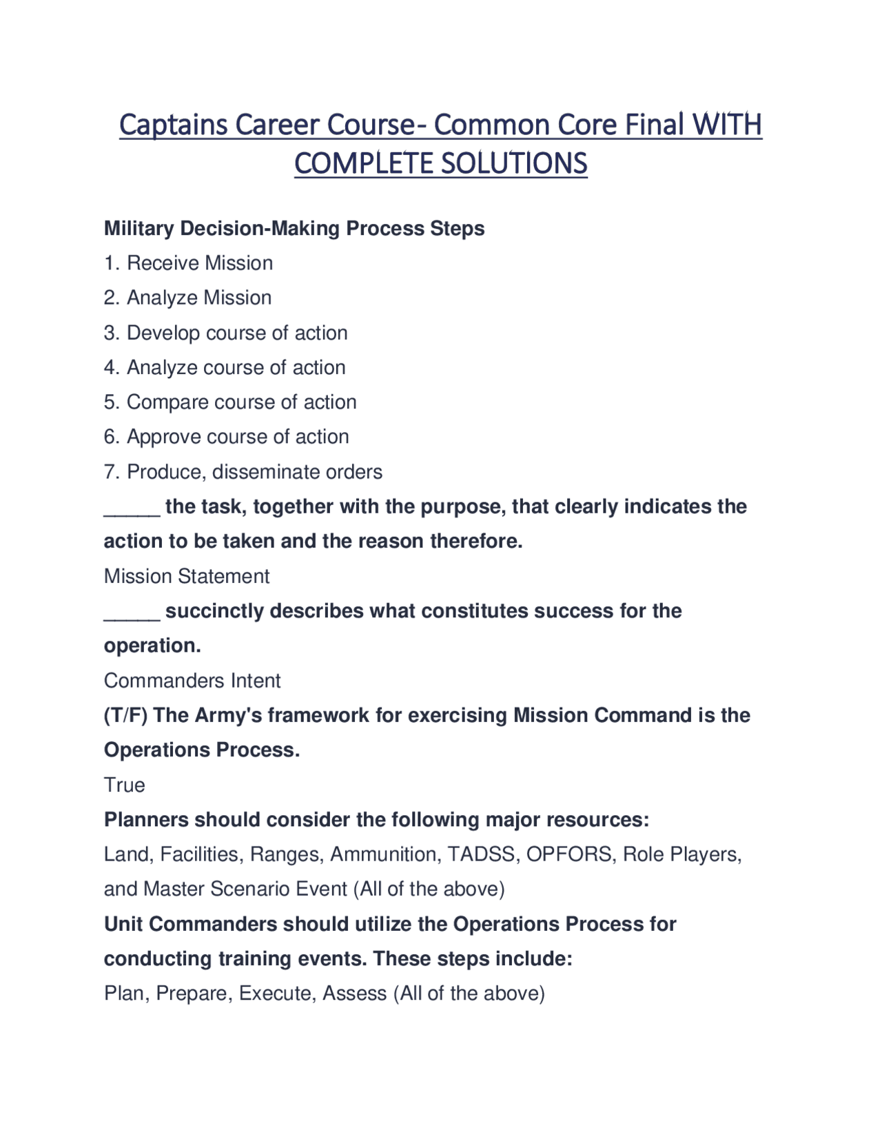 Captains Career Course - Common Core Final WITH COMPLETE SOLUTIONS ...