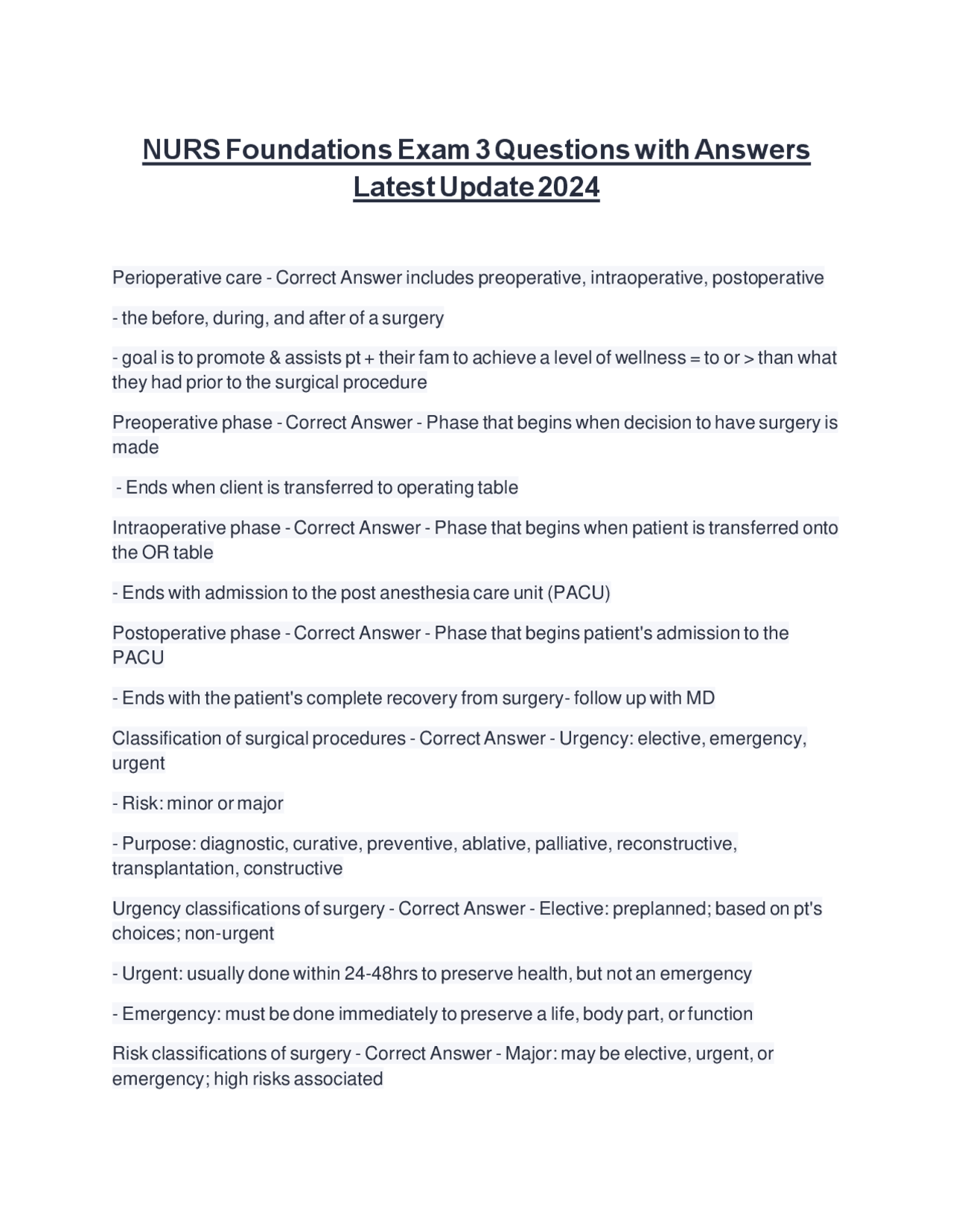 Preoperative and Postoperative Nursing Care | Exams Nursing | Docsity