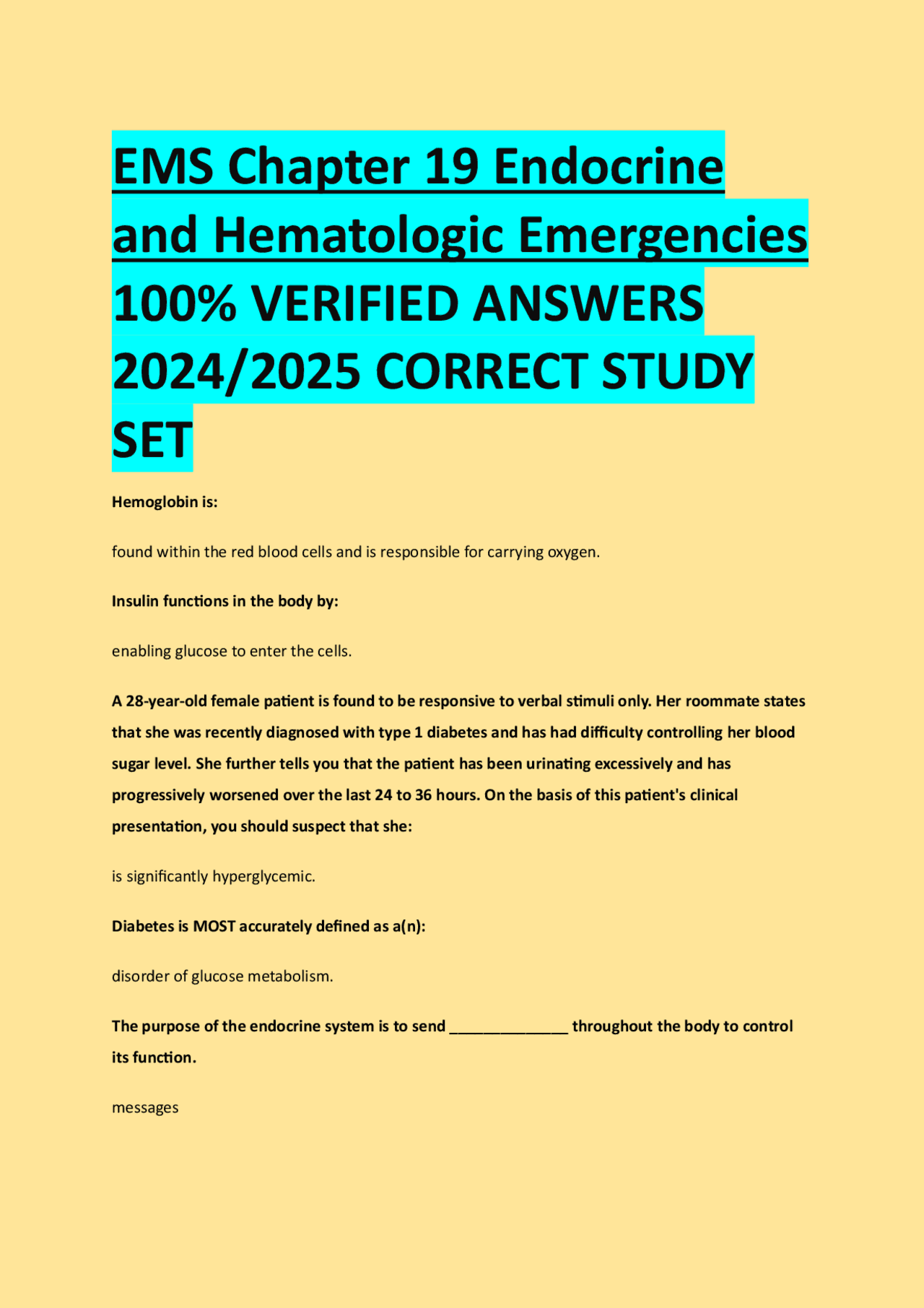 EMS Chapter 19 Endocrine and Hematologic Emergencies 100% VERIFIED ...