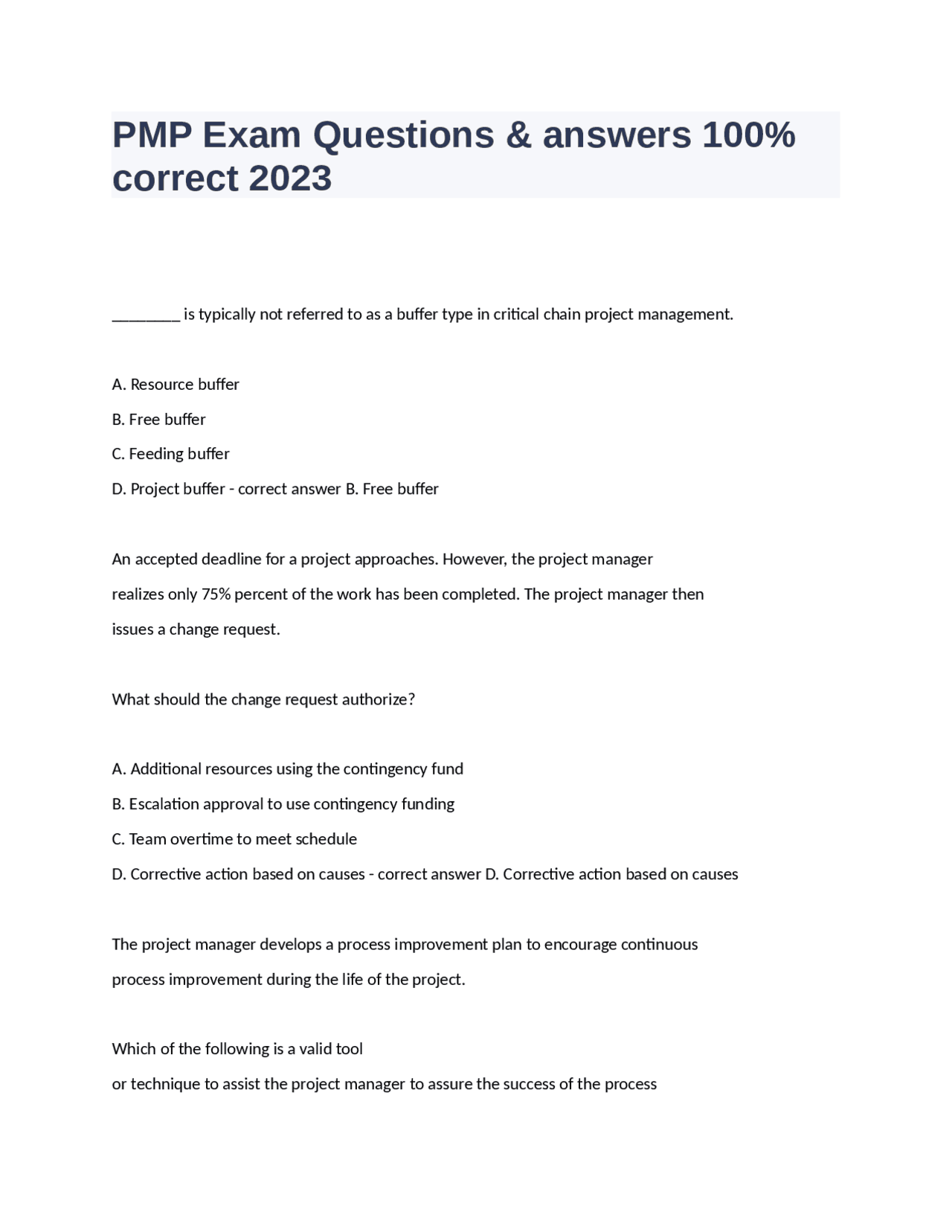 PMP Exam Questions and Answers: 2023 Edition | Exams Nursing | Docsity