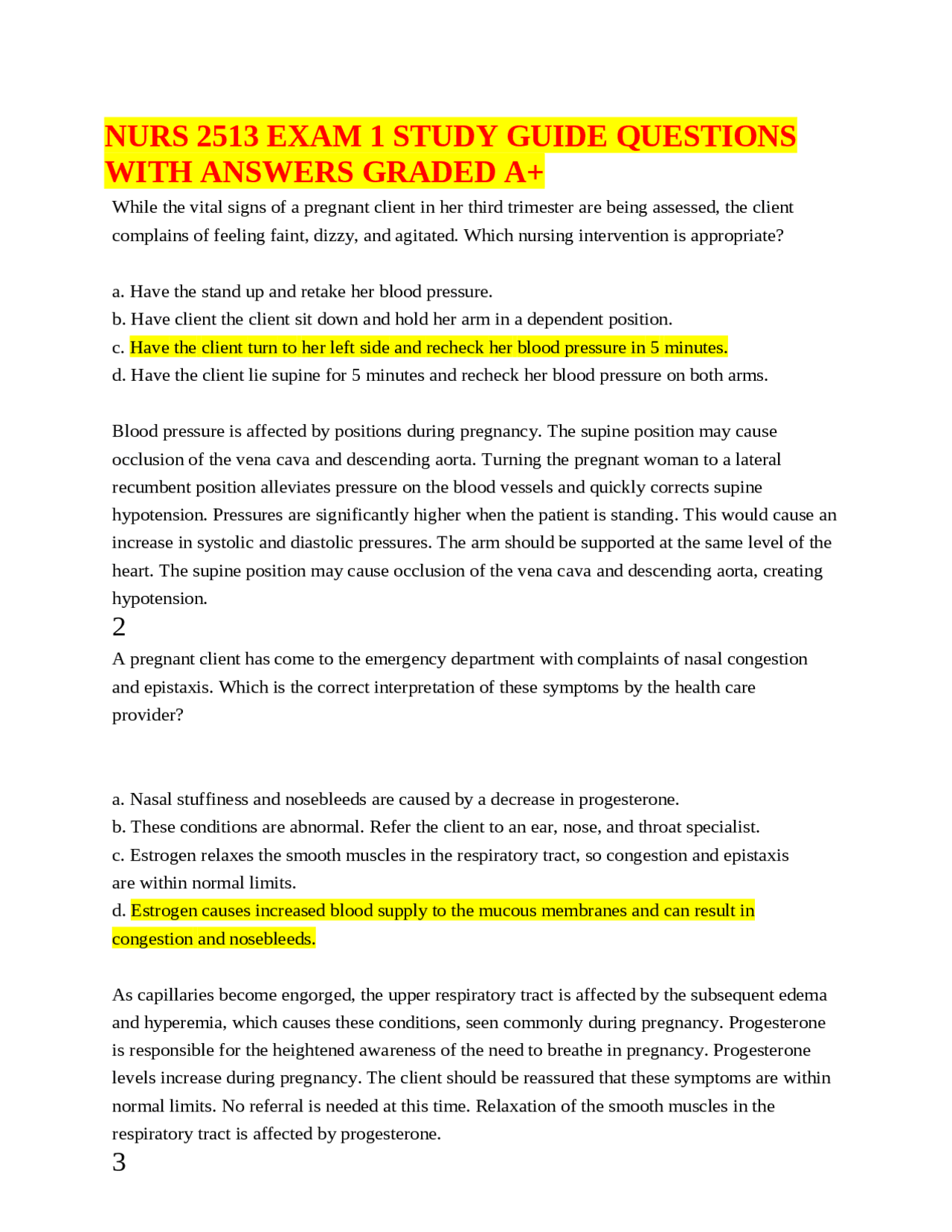 NURS 2513 EXAM 1 STUDY GUIDE QUESTIONS WITH ANSWERS GRADED A+ | Exams ...