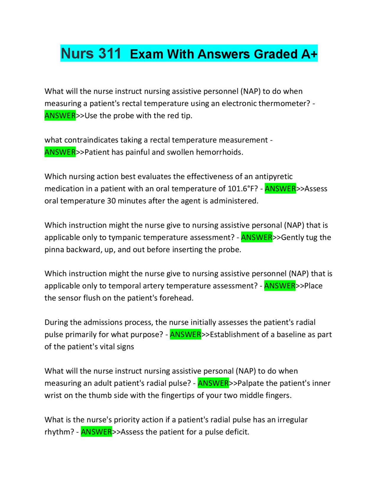 Nurs 311 Exam With Answers Graded A+: Nursing Practice Questions and ...