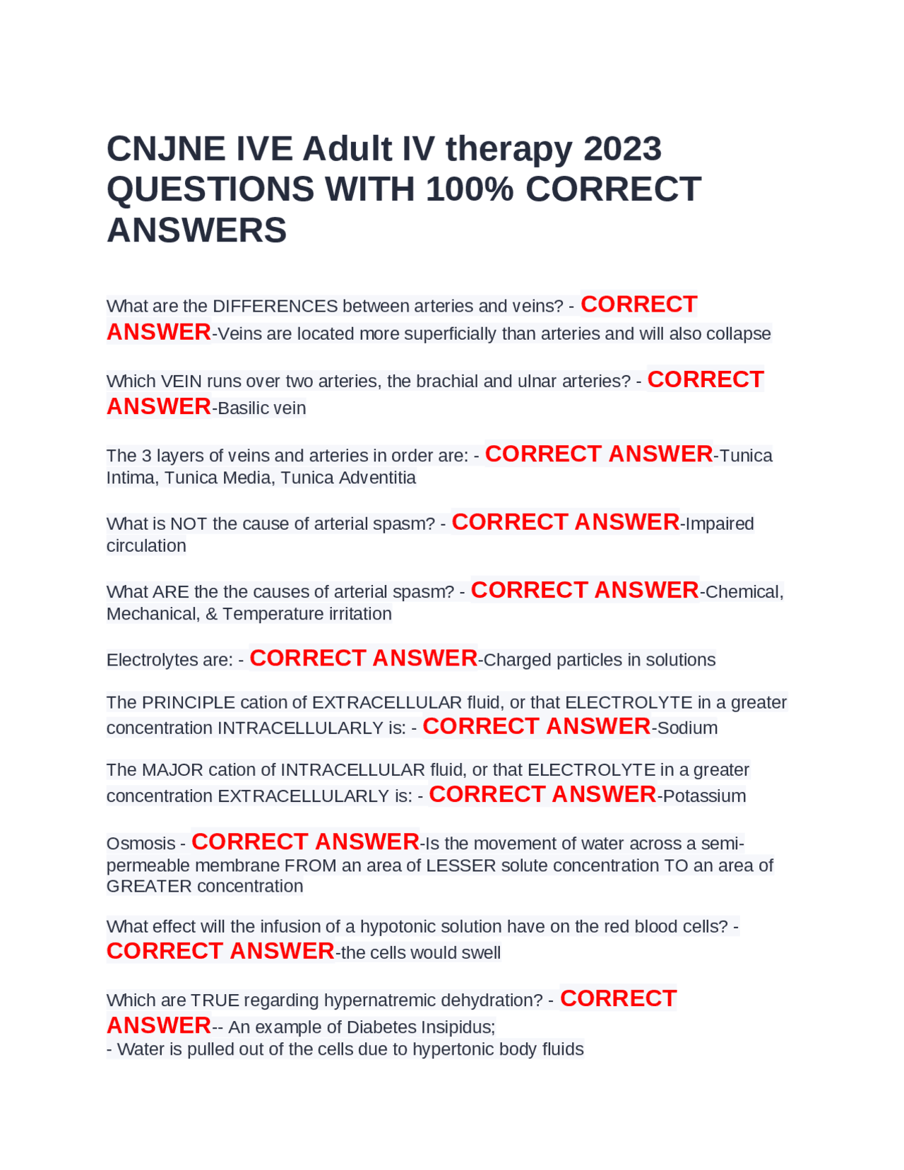 Sample Iv Questions CNJNE IVE Adult IV therapy 2023 QUESTIONS WITH 100% CORRECT ANSWERS ...