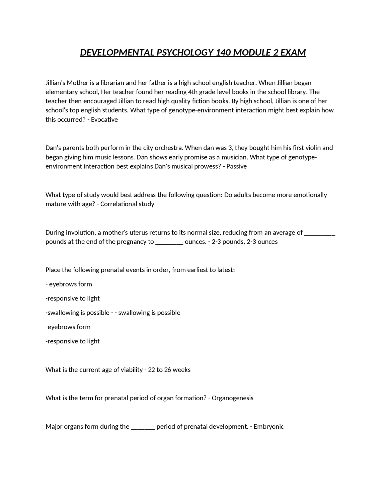 Developmental Psychology 140 Module 2 Exam: Practice Questions and ...