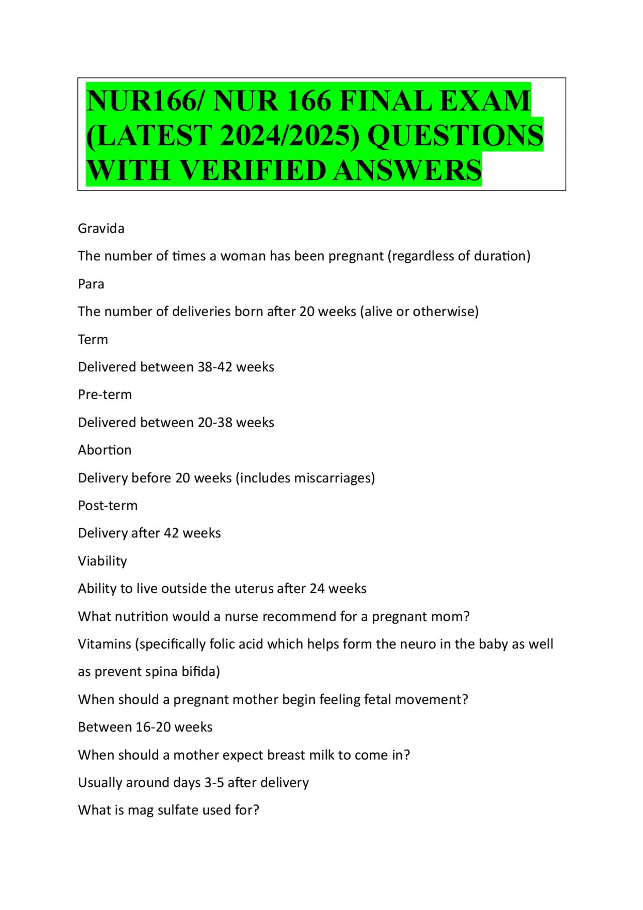 NUR166/ NUR 166 FINAL EXAM (LATEST 2024/2025) QUESTIONS WITH VERIFIED ...