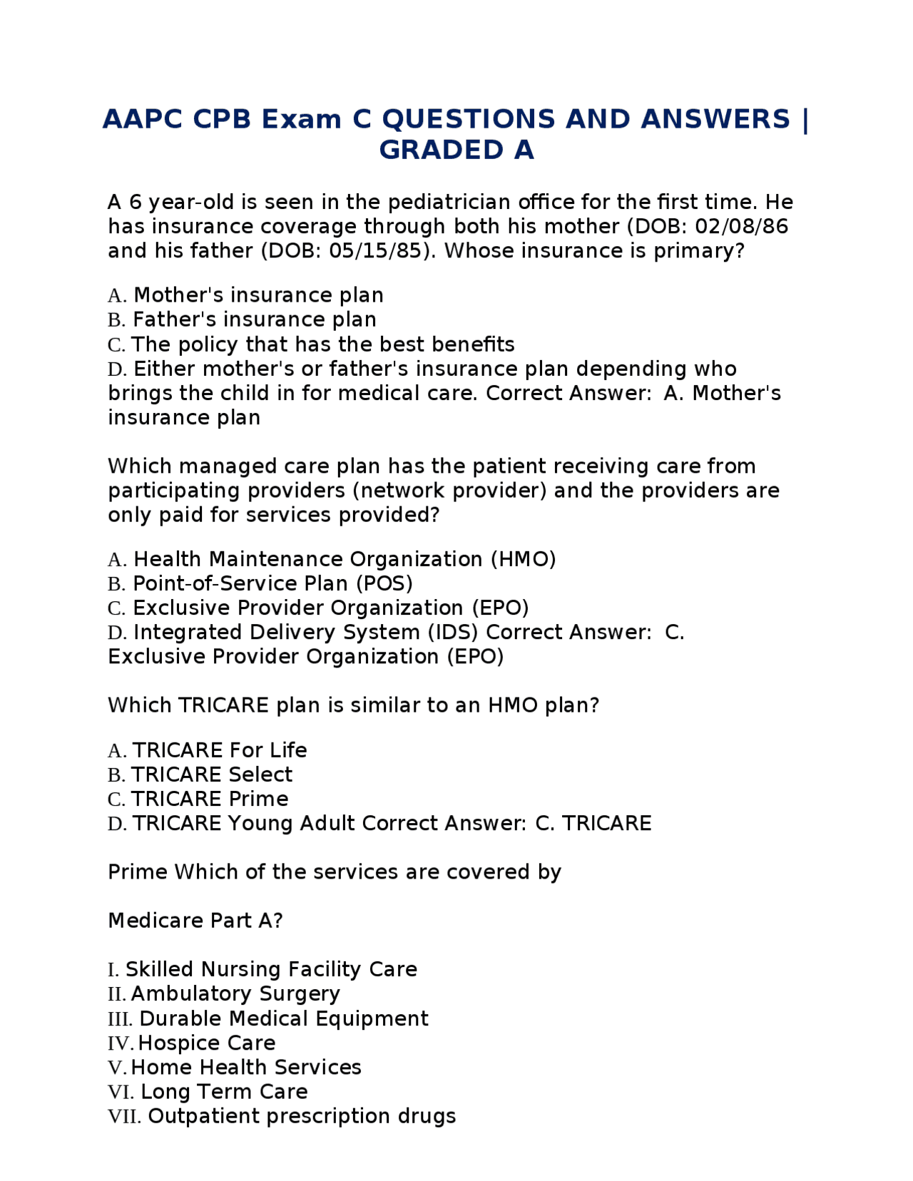AAPC CPB Exam C Questions and Answers | Exams Nursing | Docsity