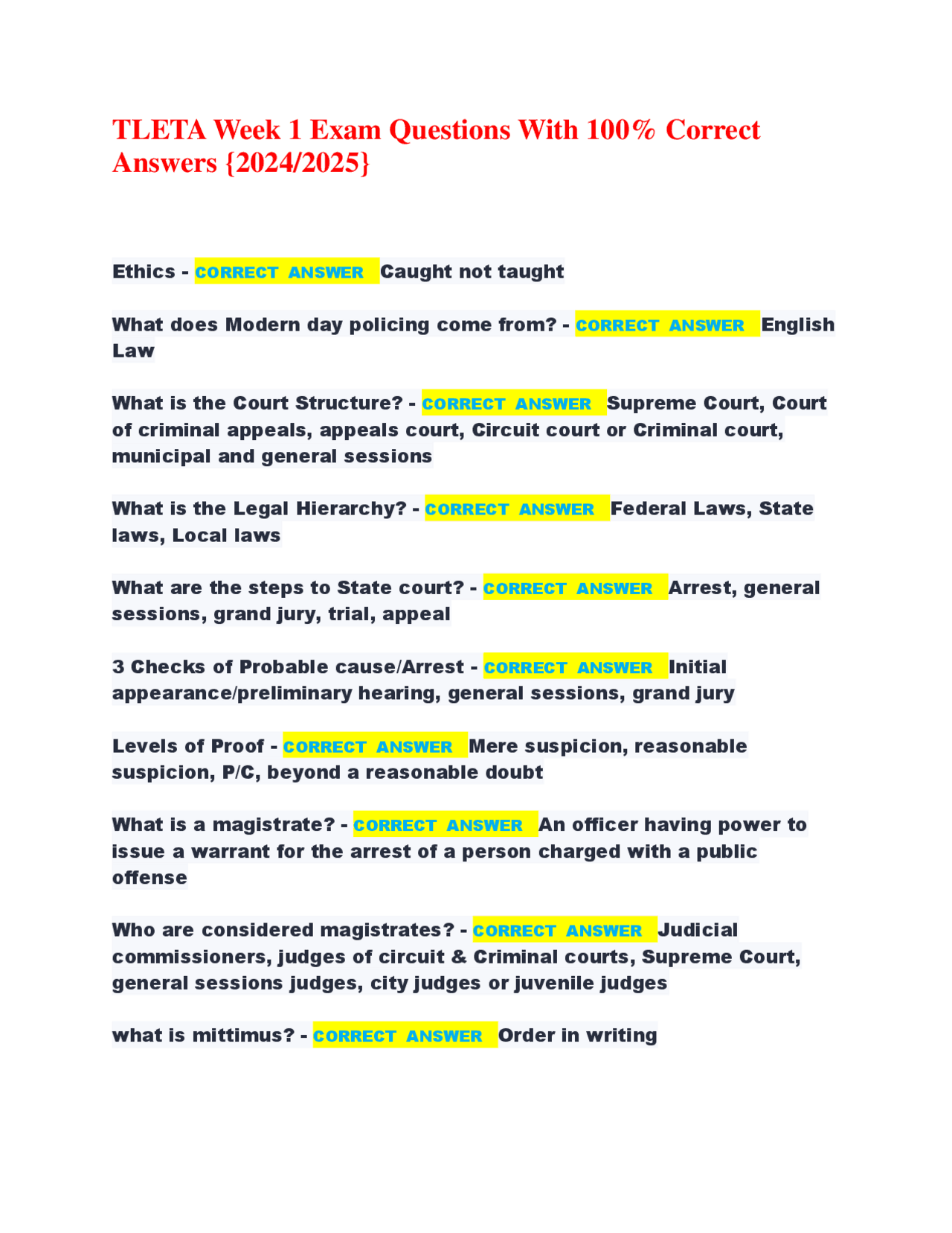 TLETA Week 1 Exam Questions and Answers: Law Enforcement Basics | Exams ...