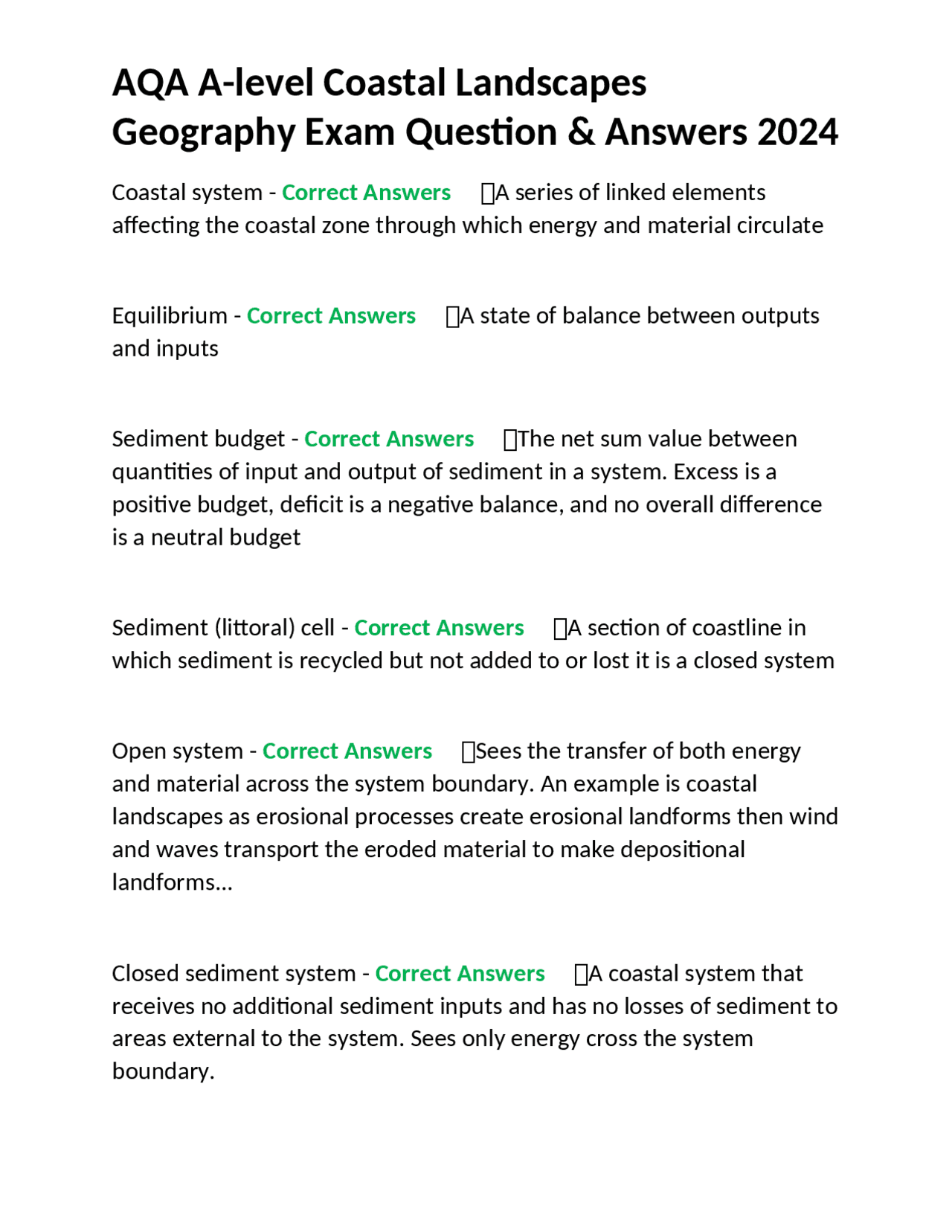 AQA A-level Coastal Landscapes Geography Exam Questions & Answers 2024