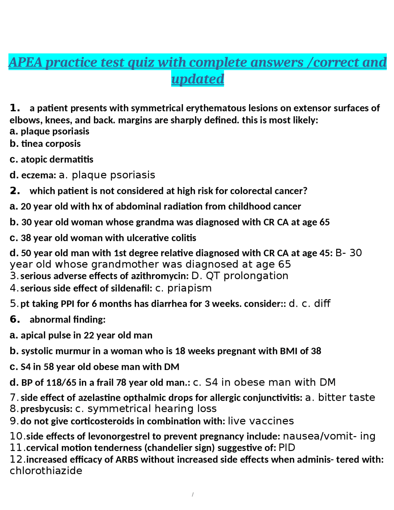 APEA practice test quiz with complete answers /correct and updated ...