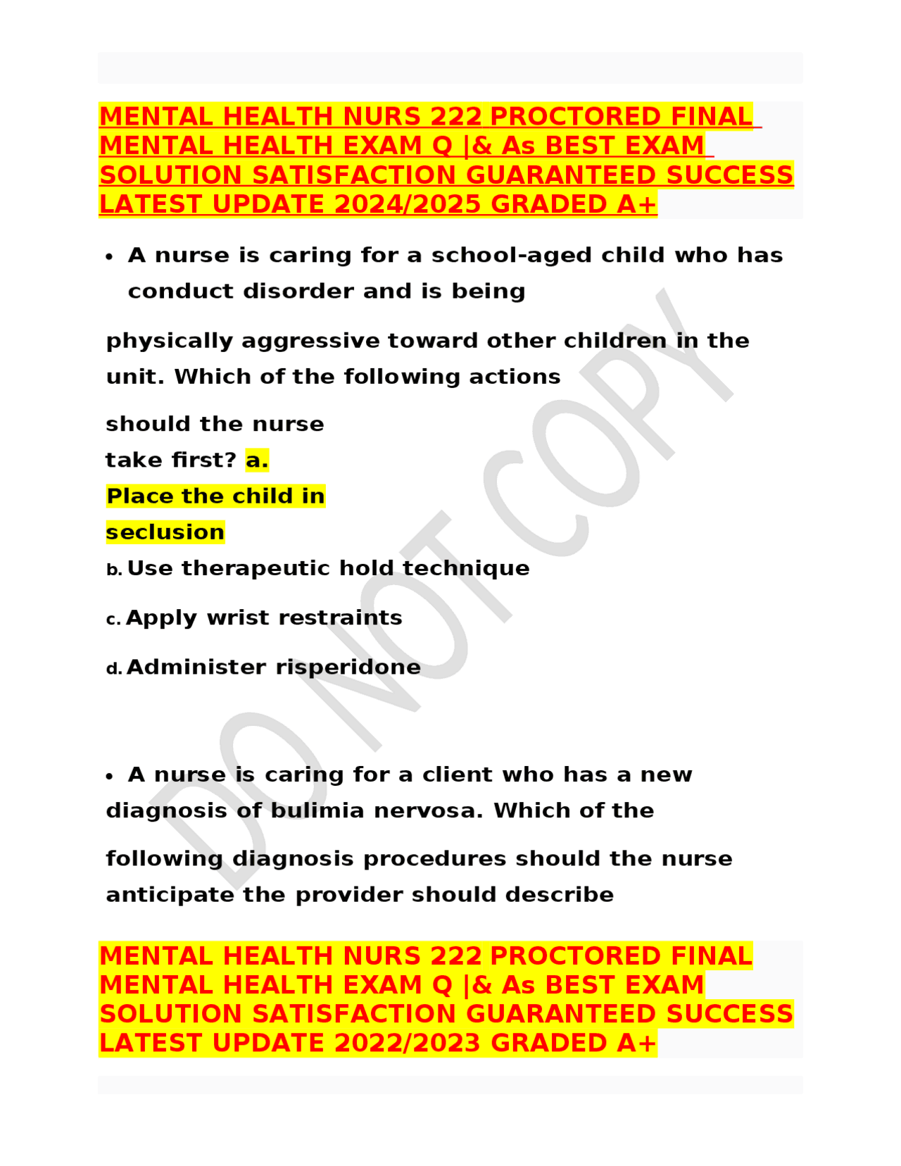 Mental Health Nursing 222: Proctored Final Exam Questions and Answers ...
