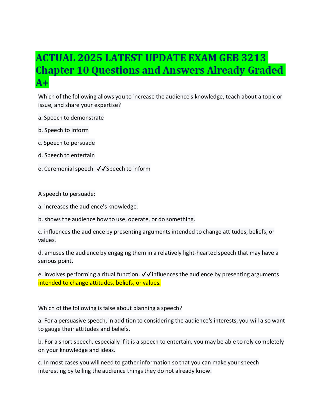 ACTUAL 2025 LATEST UPDATE EXAM GEB 3213 Chapter 10 Questions and ...