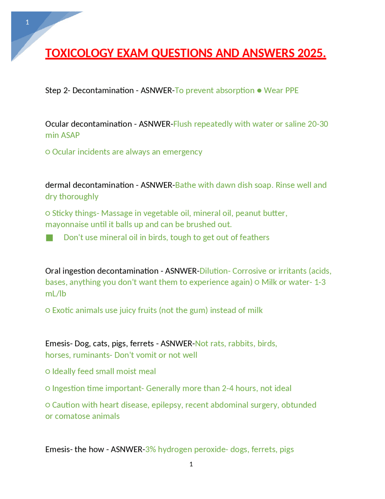 Toxicology Exam Questions and Answers 2025 | Exams Nursing | Docsity
