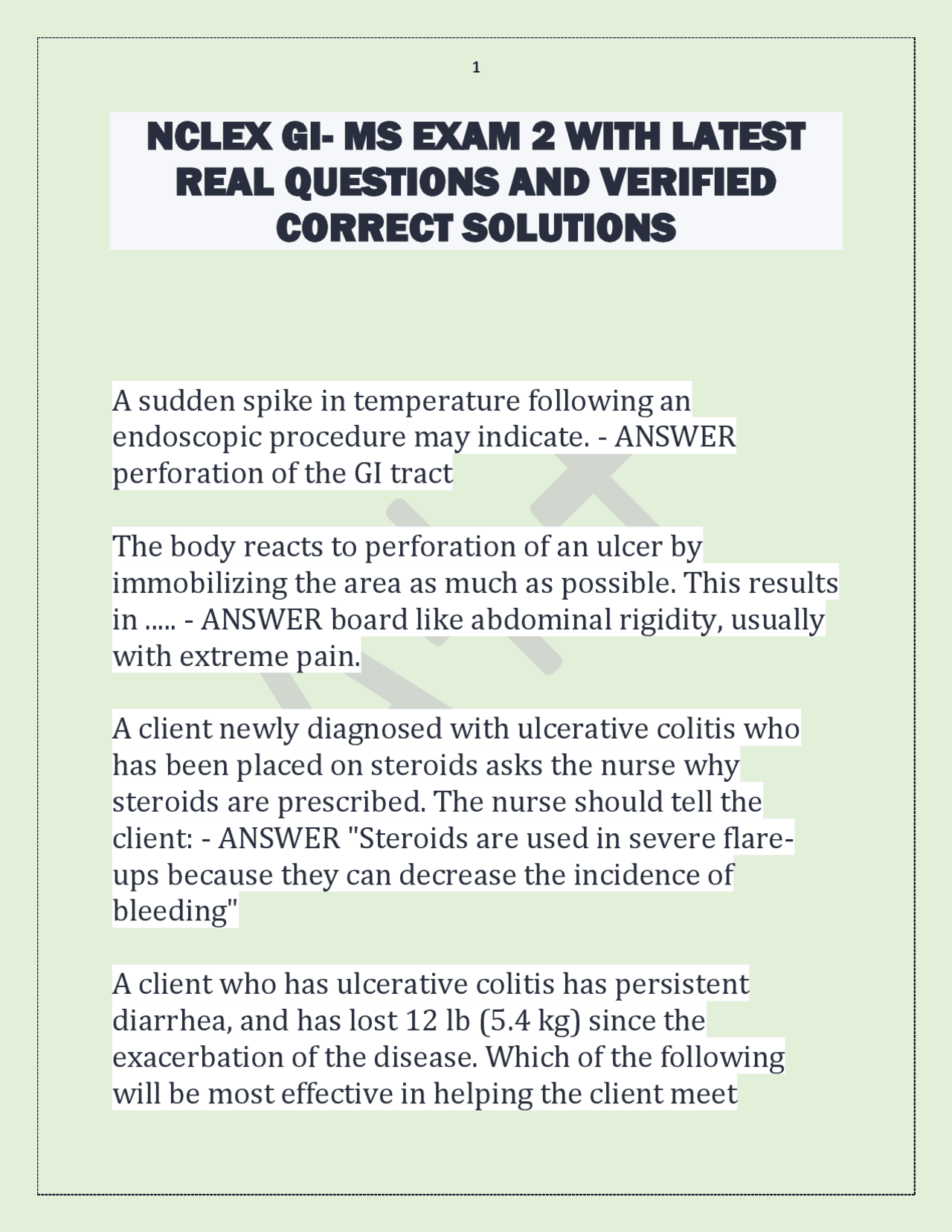 NCLEX GI- MS EXAM 2: Questions and Answers on Gastrointestinal ...
