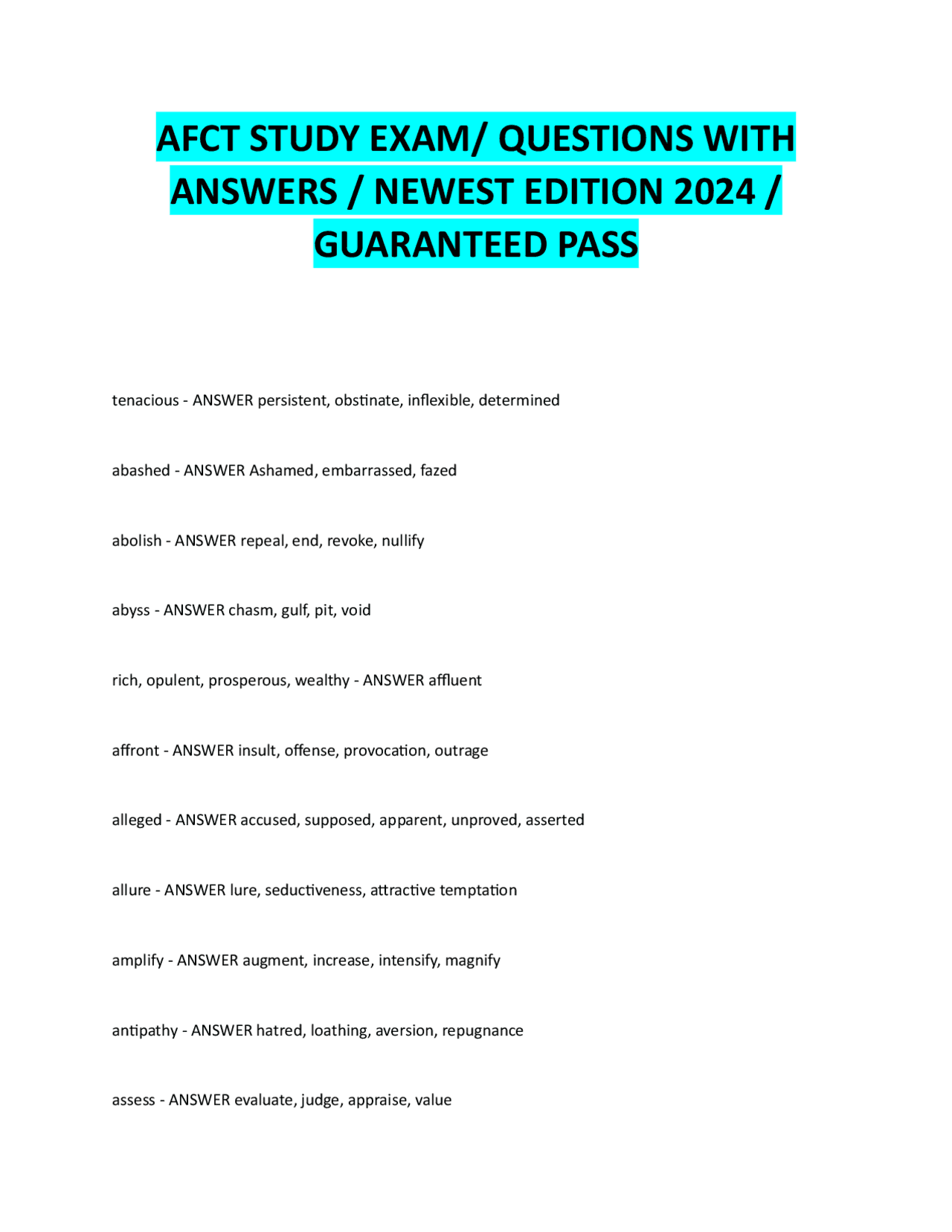 AFCT Study Exam: Vocabulary Exercises with Answers | Exams Nursing ...