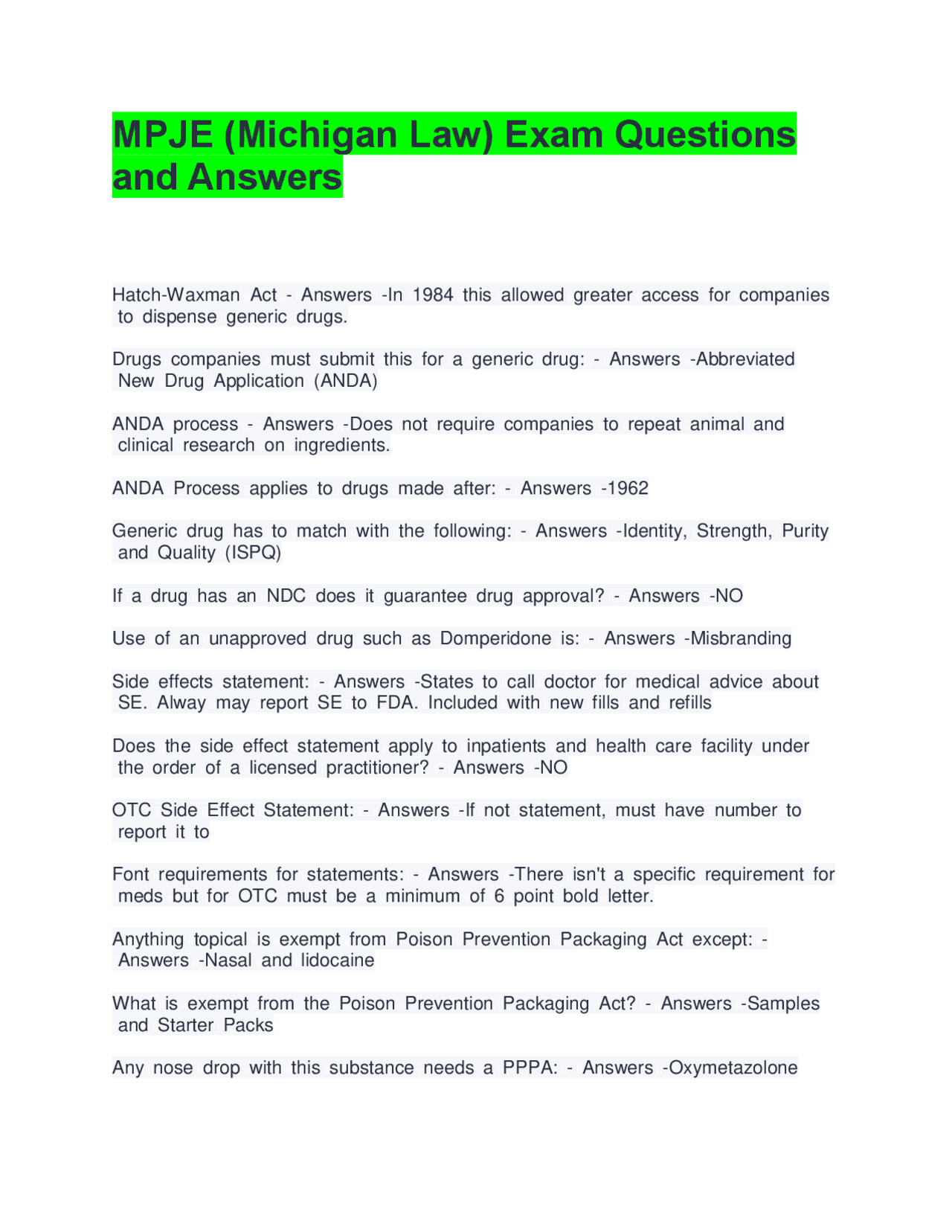 MPJE (Michigan Law) Exam Questions and Answers | Exams Nursing | Docsity