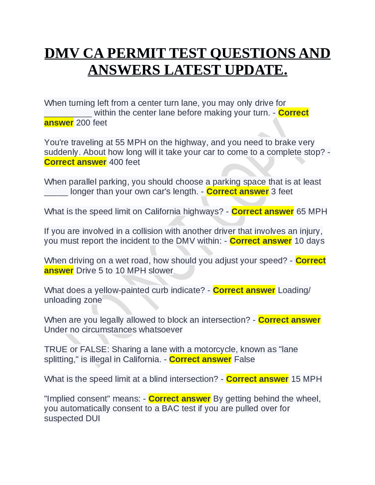 California DMV Permit Test Questions and Answers | Exams Civil Law ...