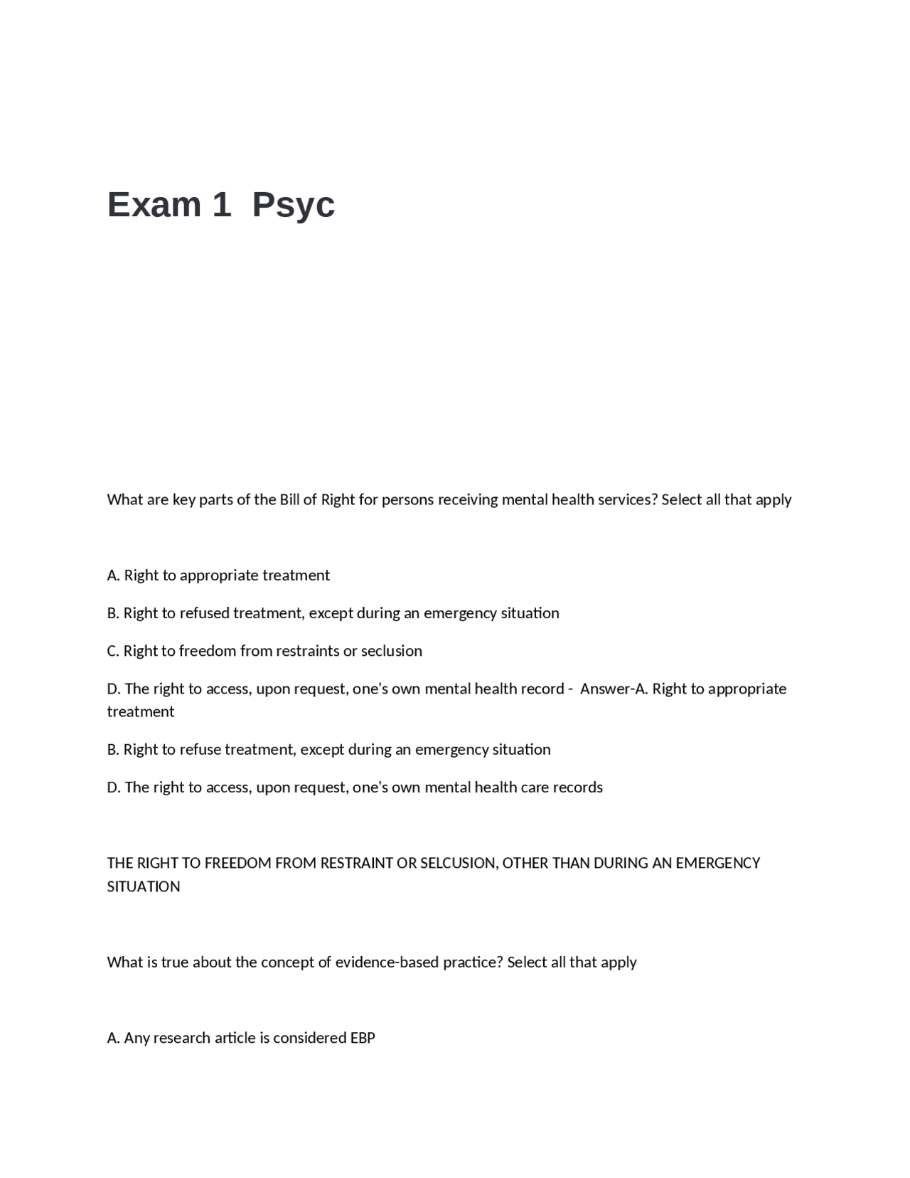 Psychiatric Nursing Exam Questions and Answers | Exams Nursing | Docsity