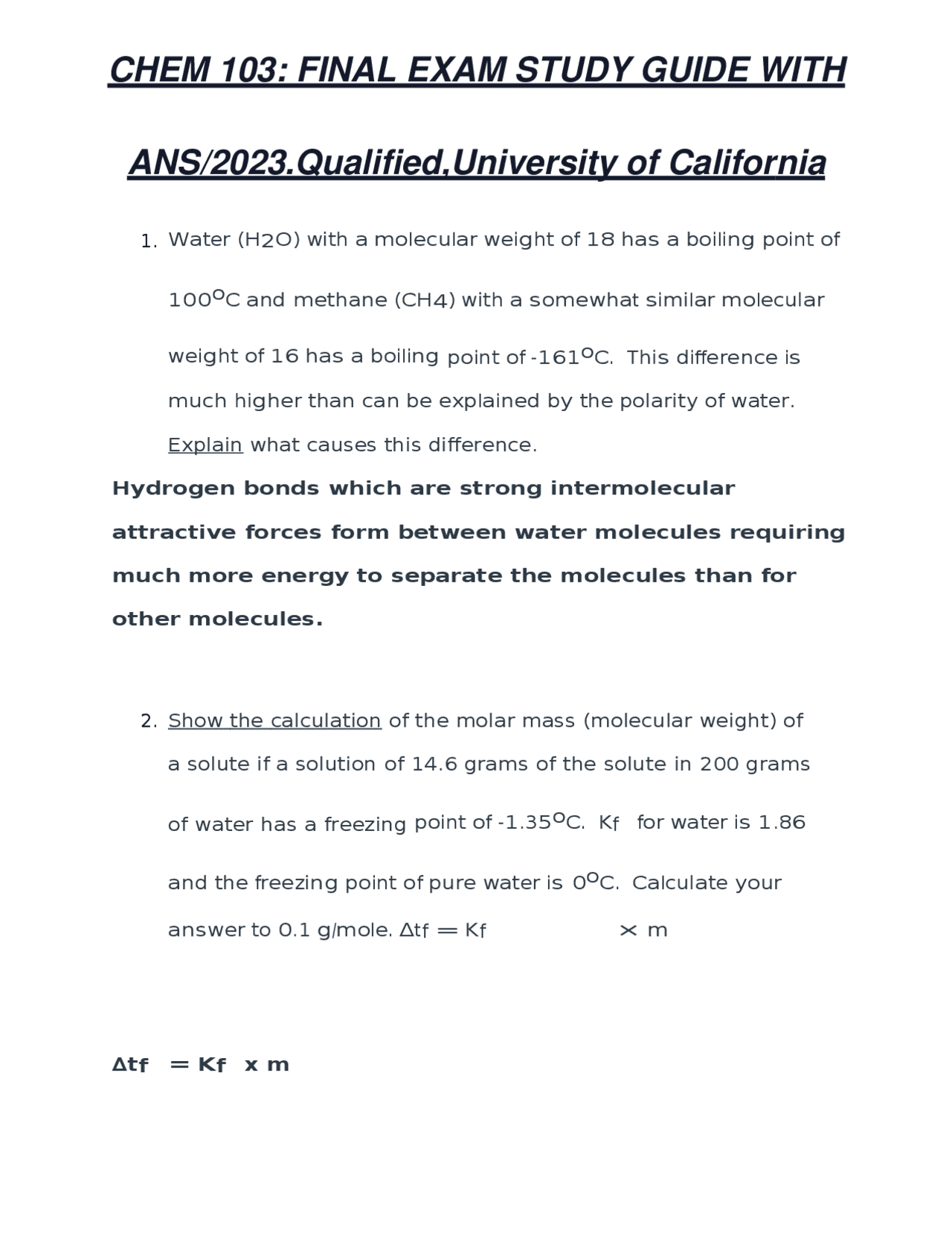 CHEM 103: Final Exam Study Guide with Answers | Exams Chemistry | Docsity
