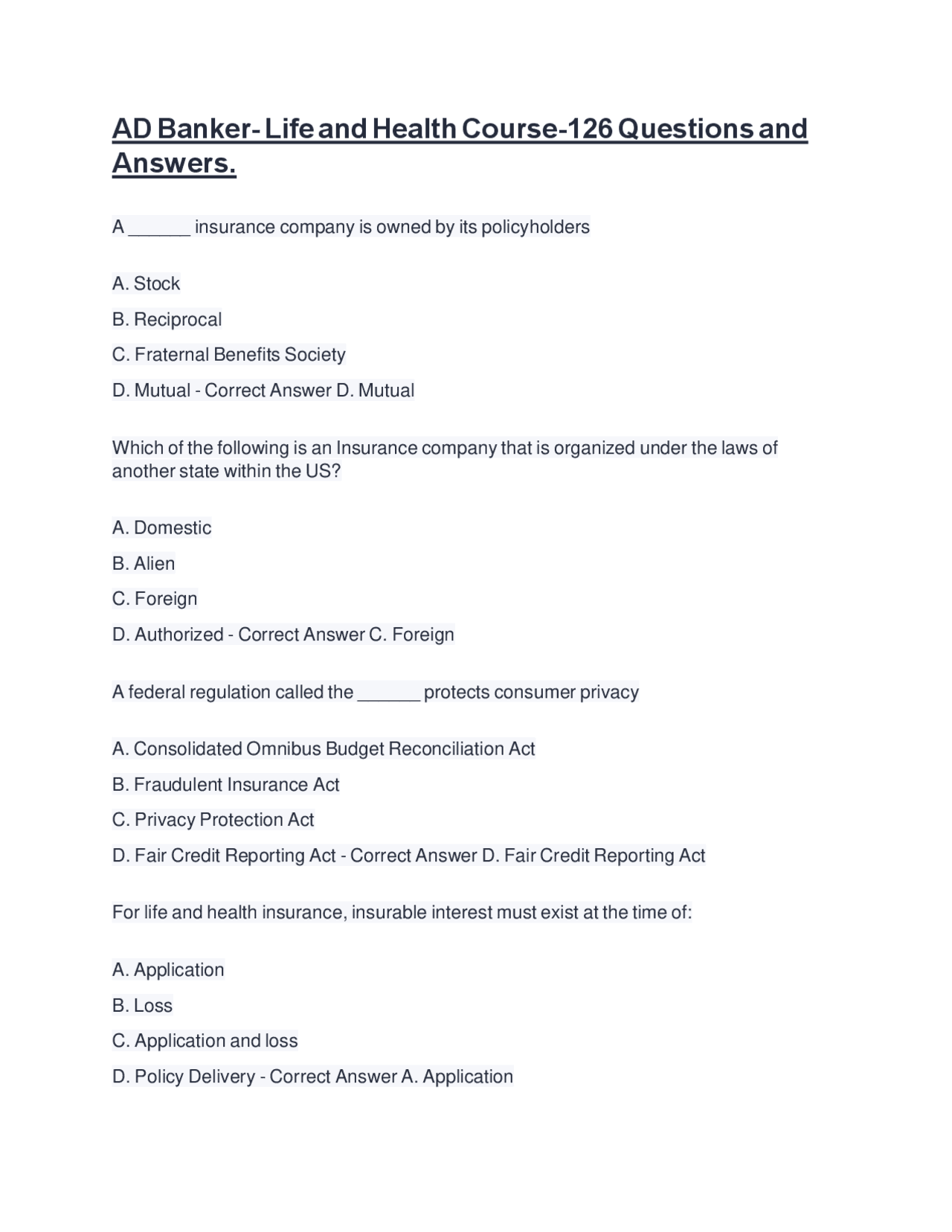 AD Banker- Life and Health Course-126 Questions and Answers. | Exams ...