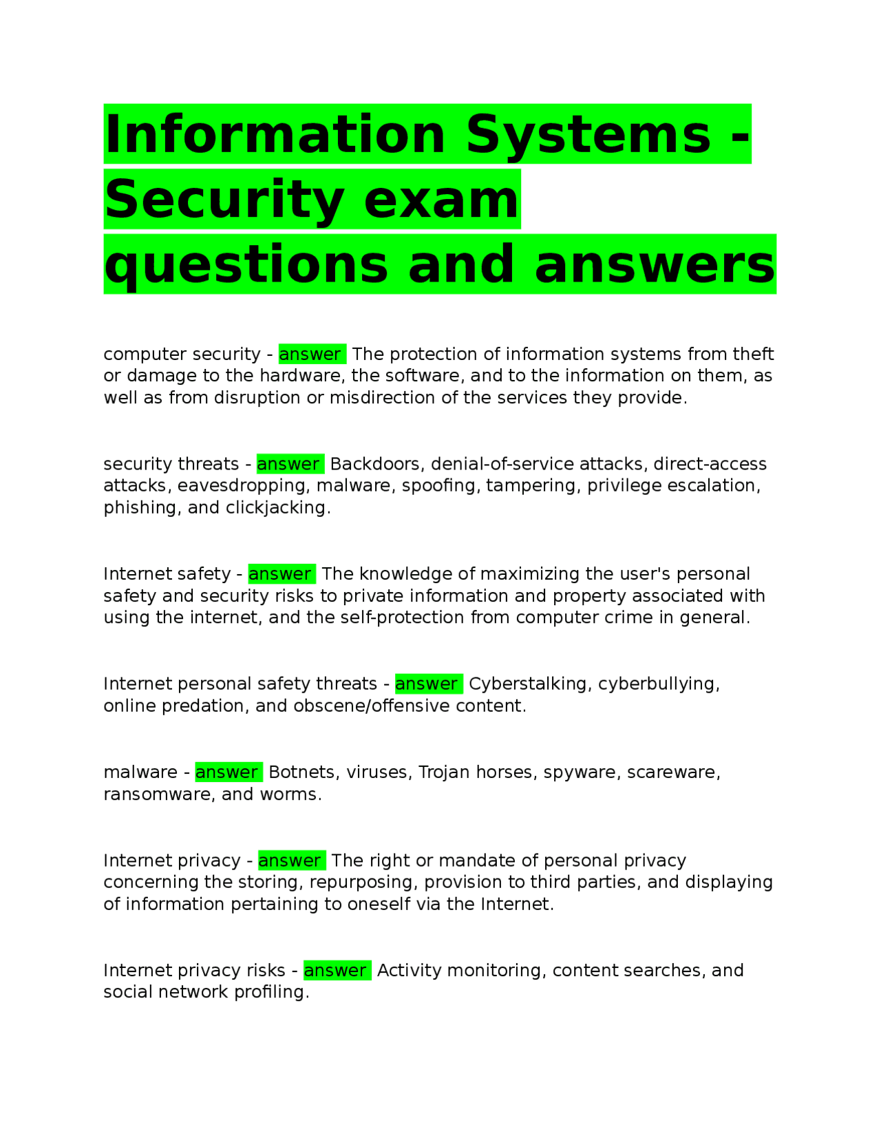 Information Systems - Security exam questions and answers.docx | Exams ...