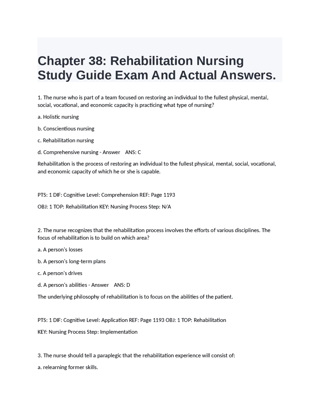Chapter 38: Rehabilitation Nursing Study Guide Exam And Actual Answers ...