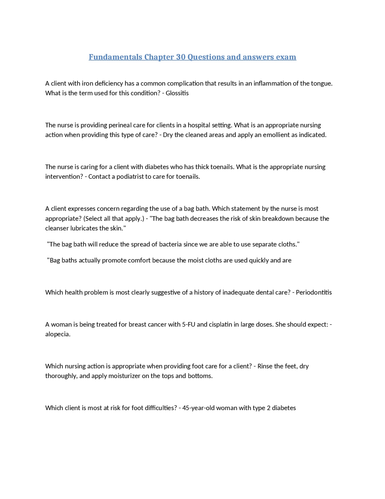 Fundamentals of Nursing Chapter 30: Questions and Answers Exam | Exams ...