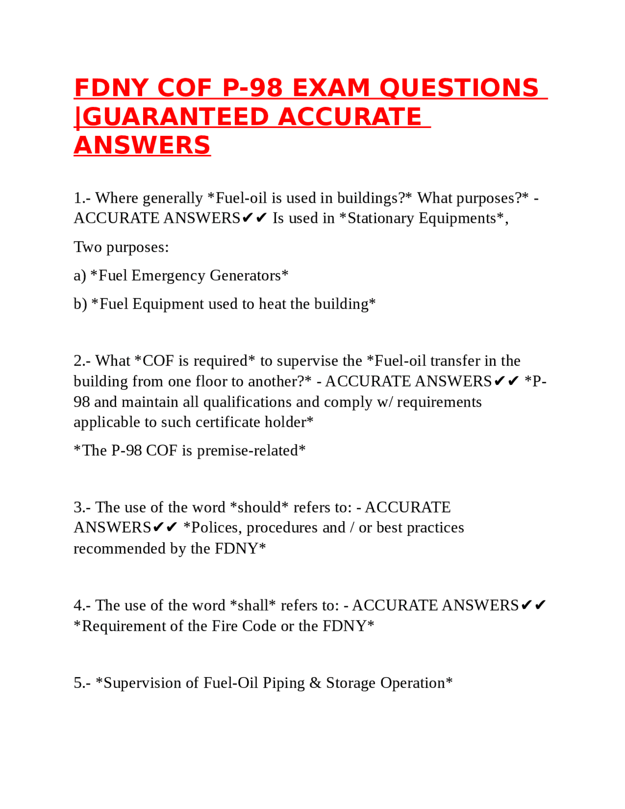 Fdny Cof P 98 Exam Questions Guaranteed Accurate Answers Exams