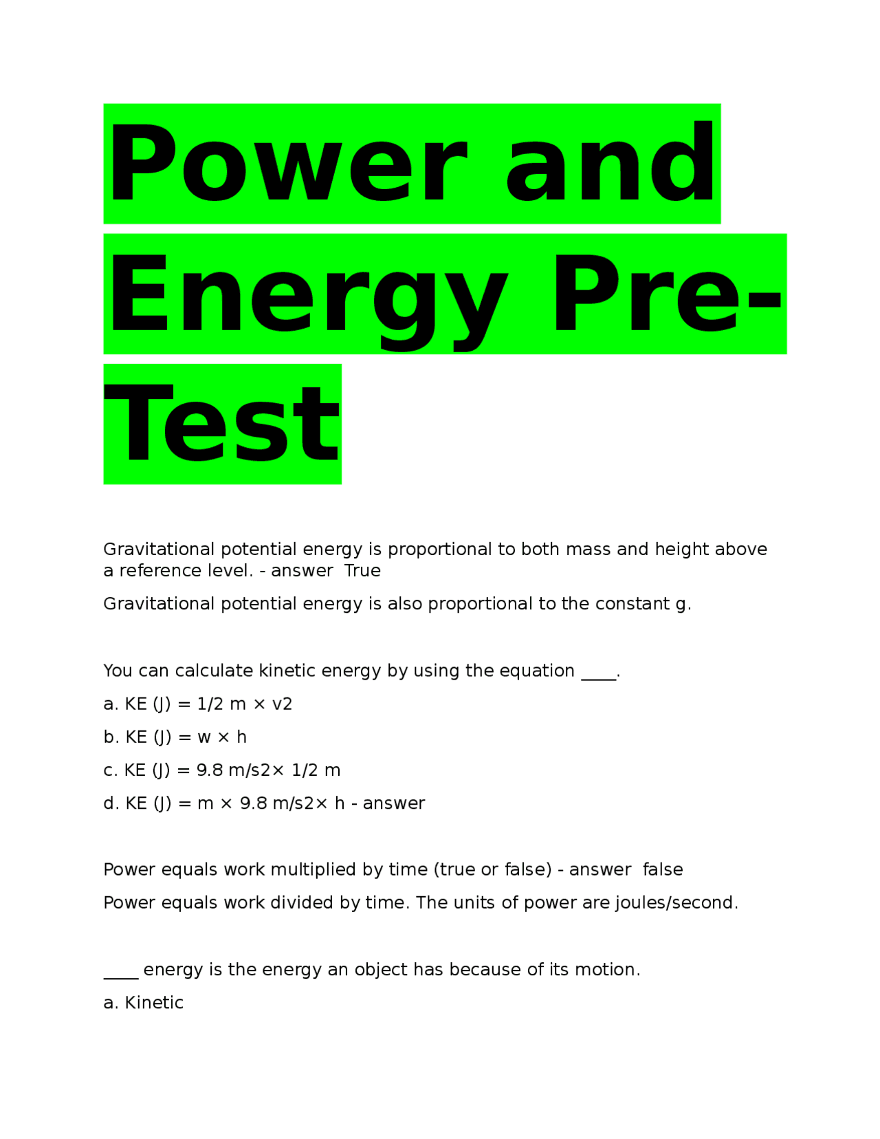 Power and Energy PreTest: Multiple Choice Questions | Exams Molecular ...