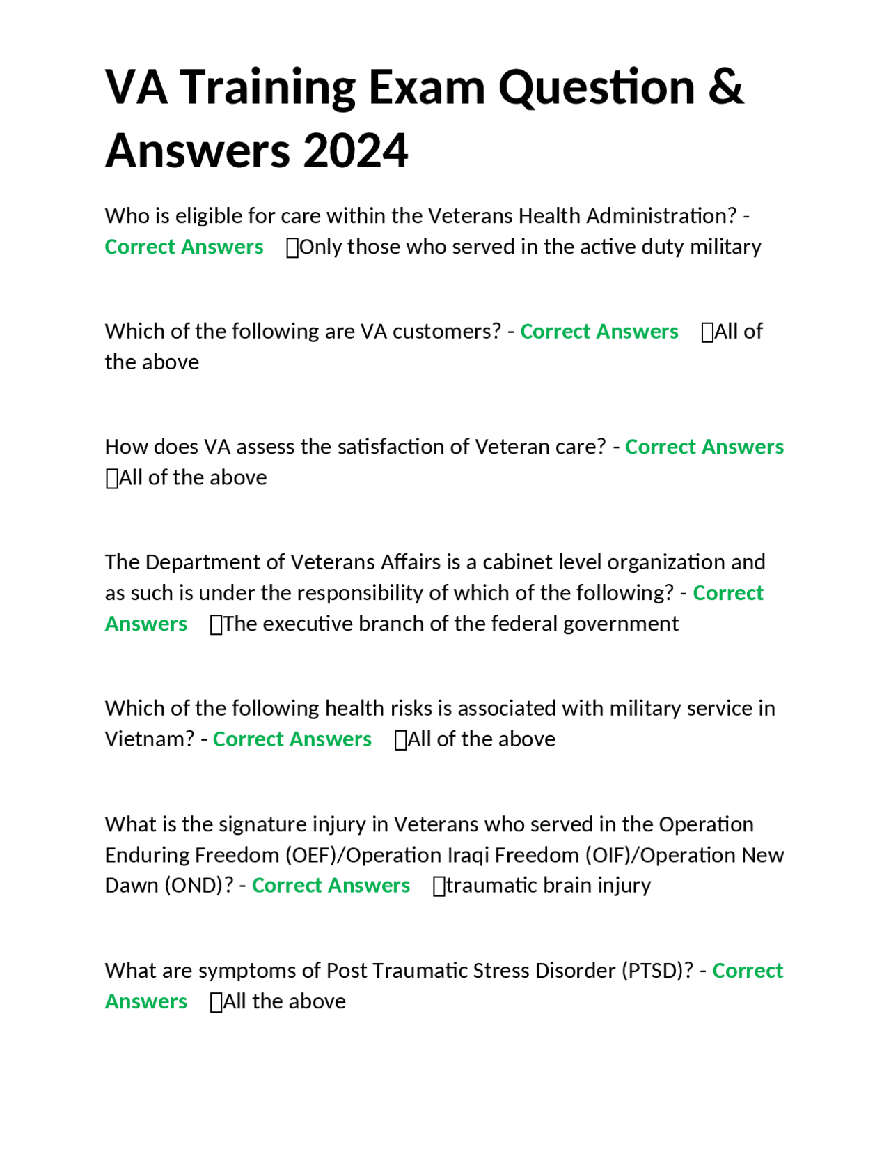 VA Training Exam Questions and Answers 2024 | Exams Nursing | Docsity