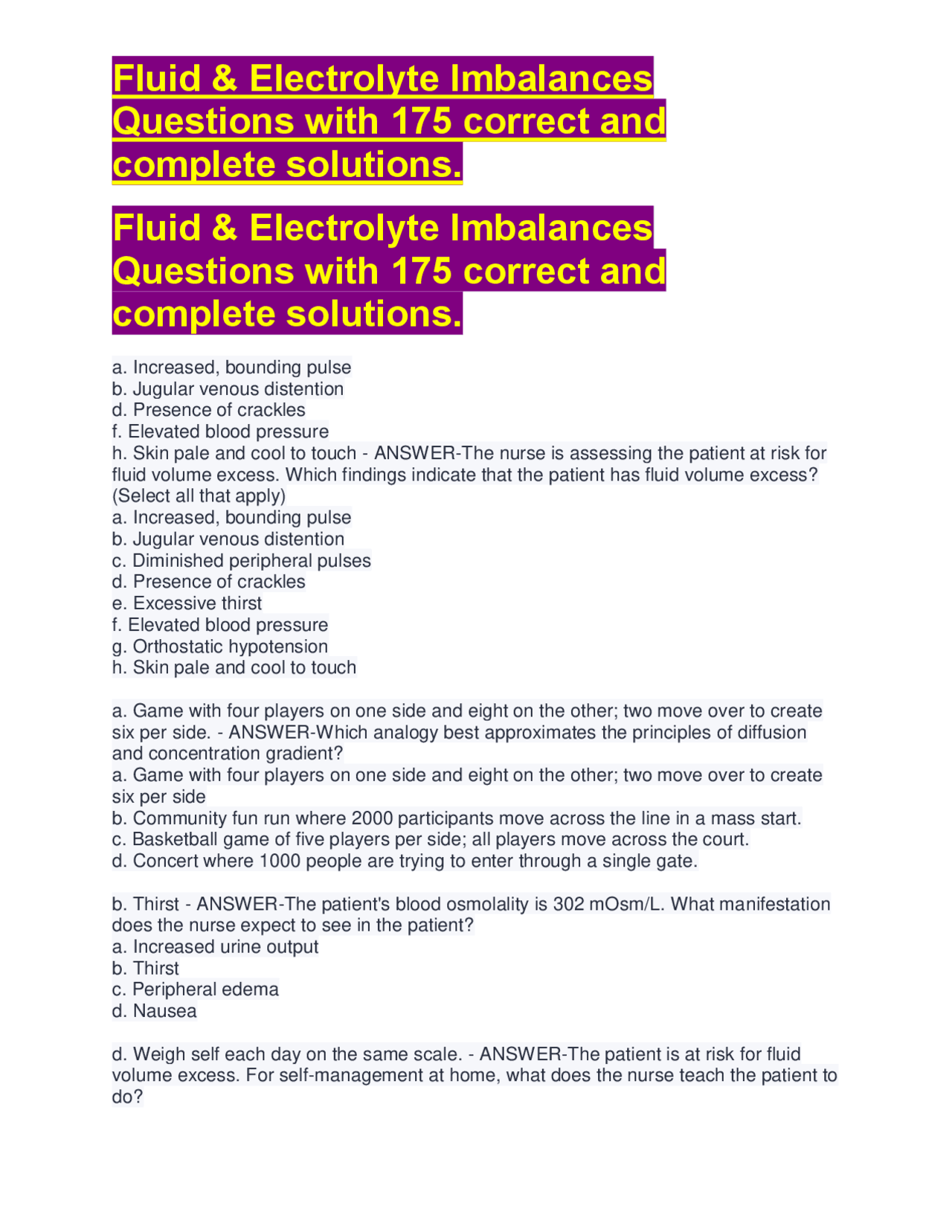 Fluid & Electrolyte Imbalances: Questions and Answers | Exams Nursing ...