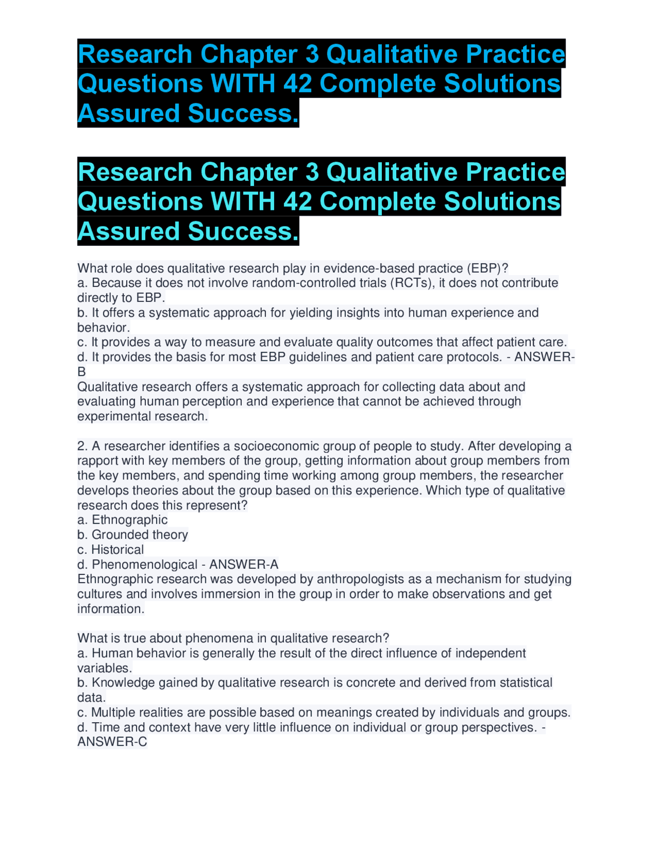 Qualitative Research in Nursing Practice: Chapter 3 Exercises and ...