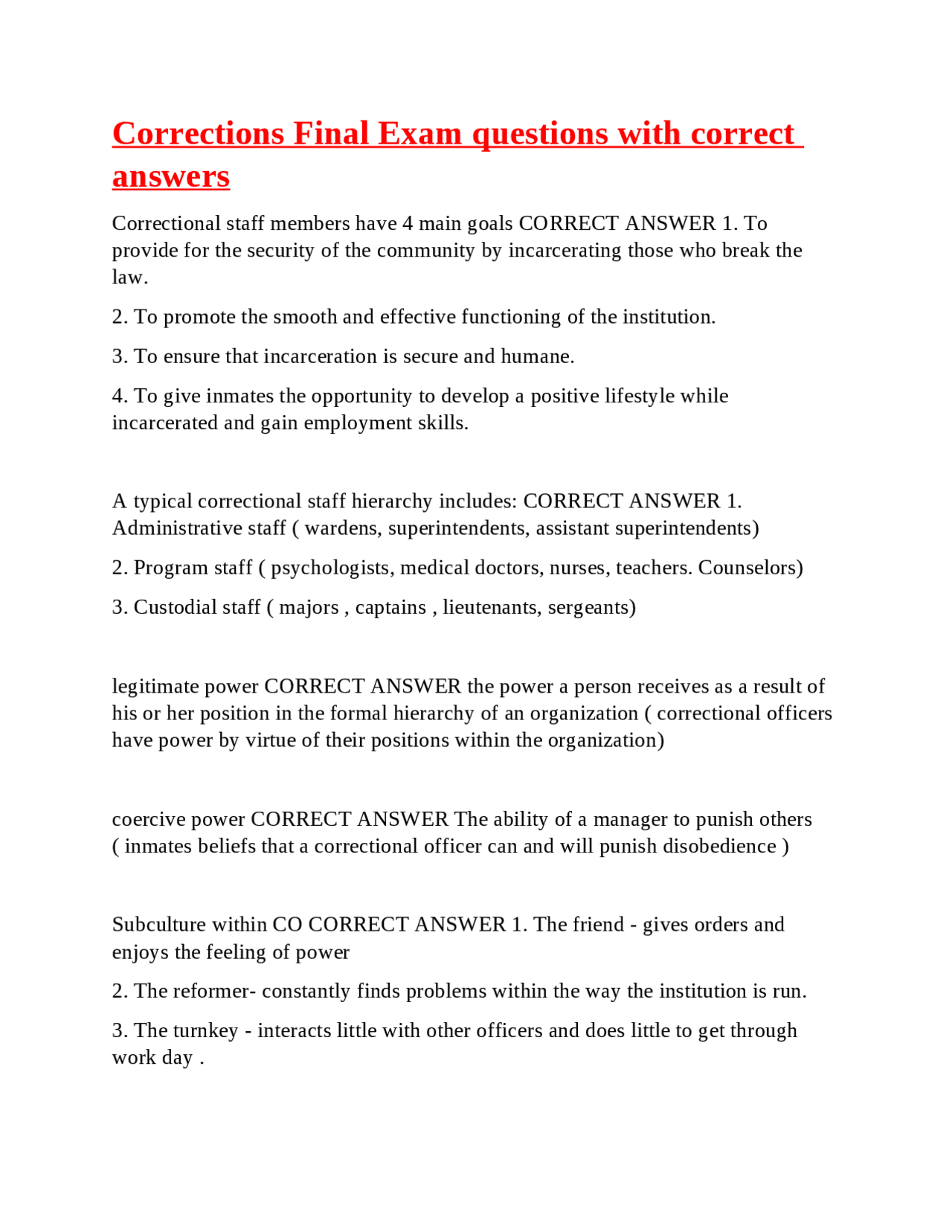 Corrections Final Exam Questions and Answers | Exams Law | Docsity