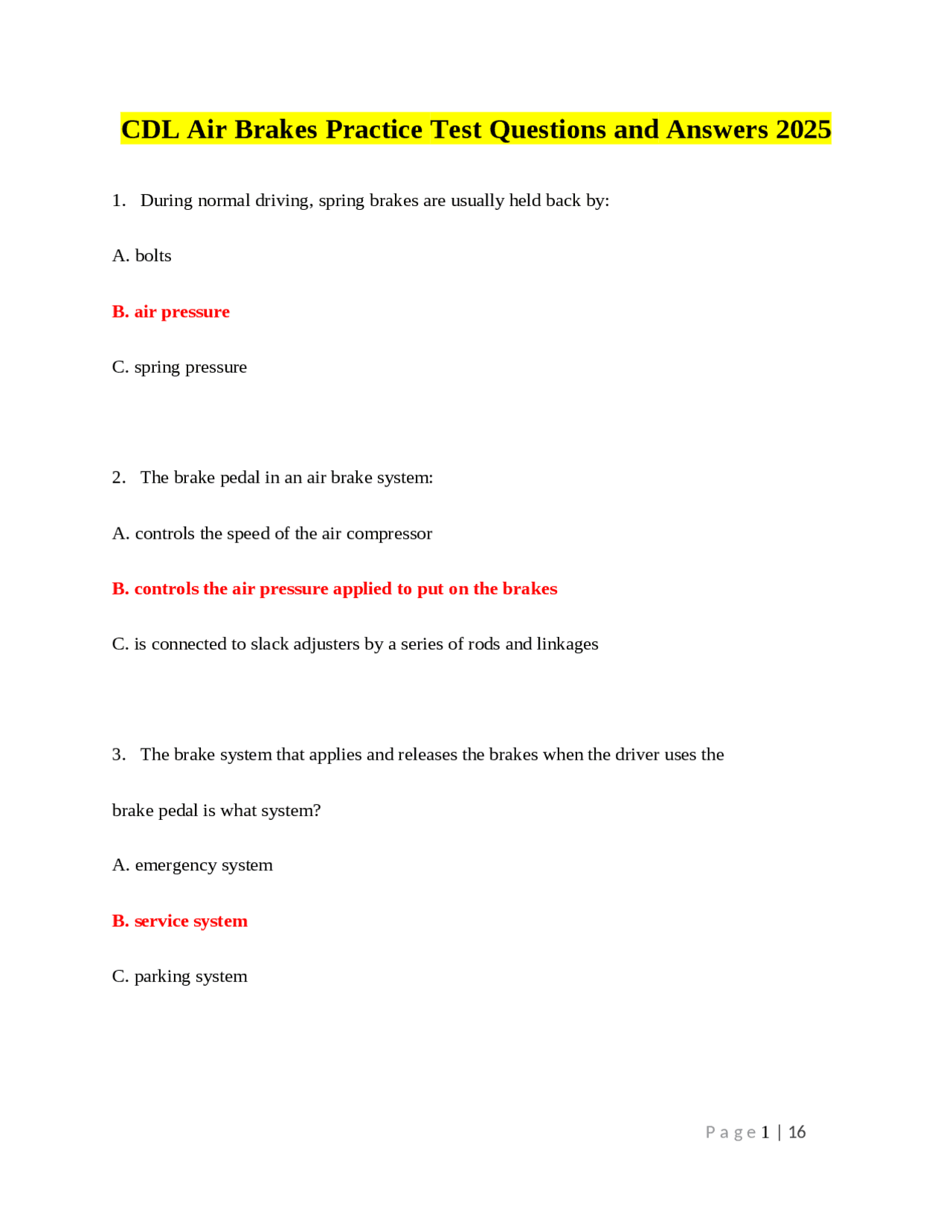CDL Air Brakes Practice Test Questions and Answers | Exams Nursing ...
