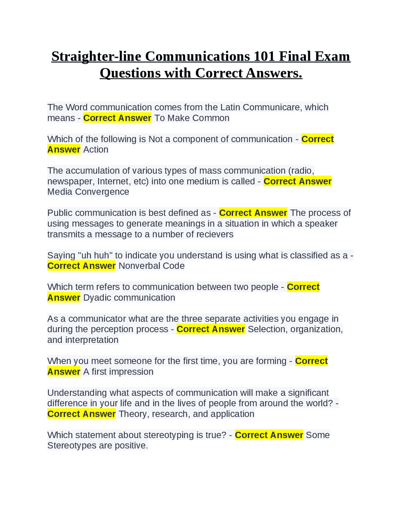 Straighter-line Communications 101 Final Exam: Questions and Answers ...