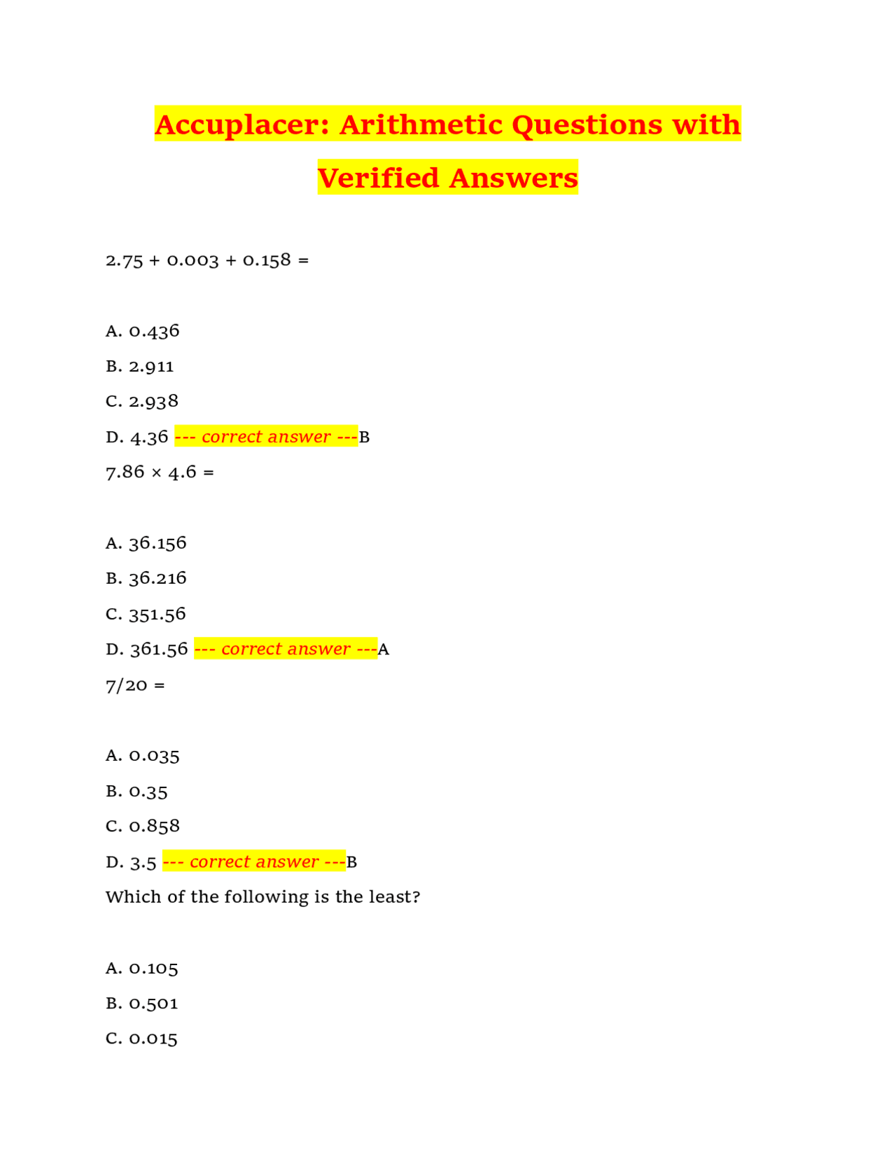 Accuplacer Arithmetic Practice Questions with Answers | Exams ...