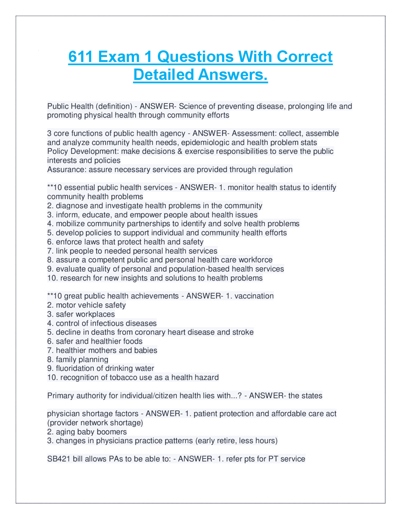 Public Health Exam 1 Questions and Answers | Exams Nursing | Docsity