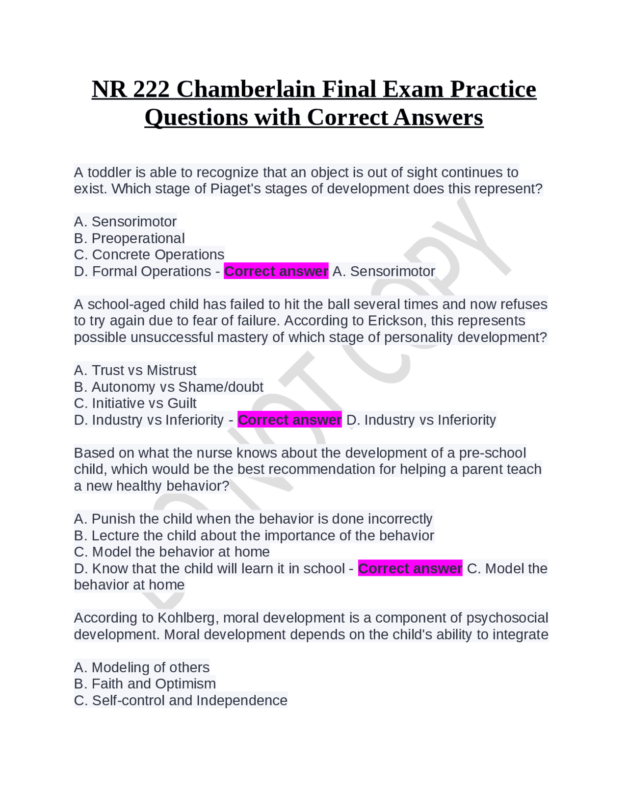 NR 222 Chamberlain Final Exam Practice Questions with Correct Answers ...