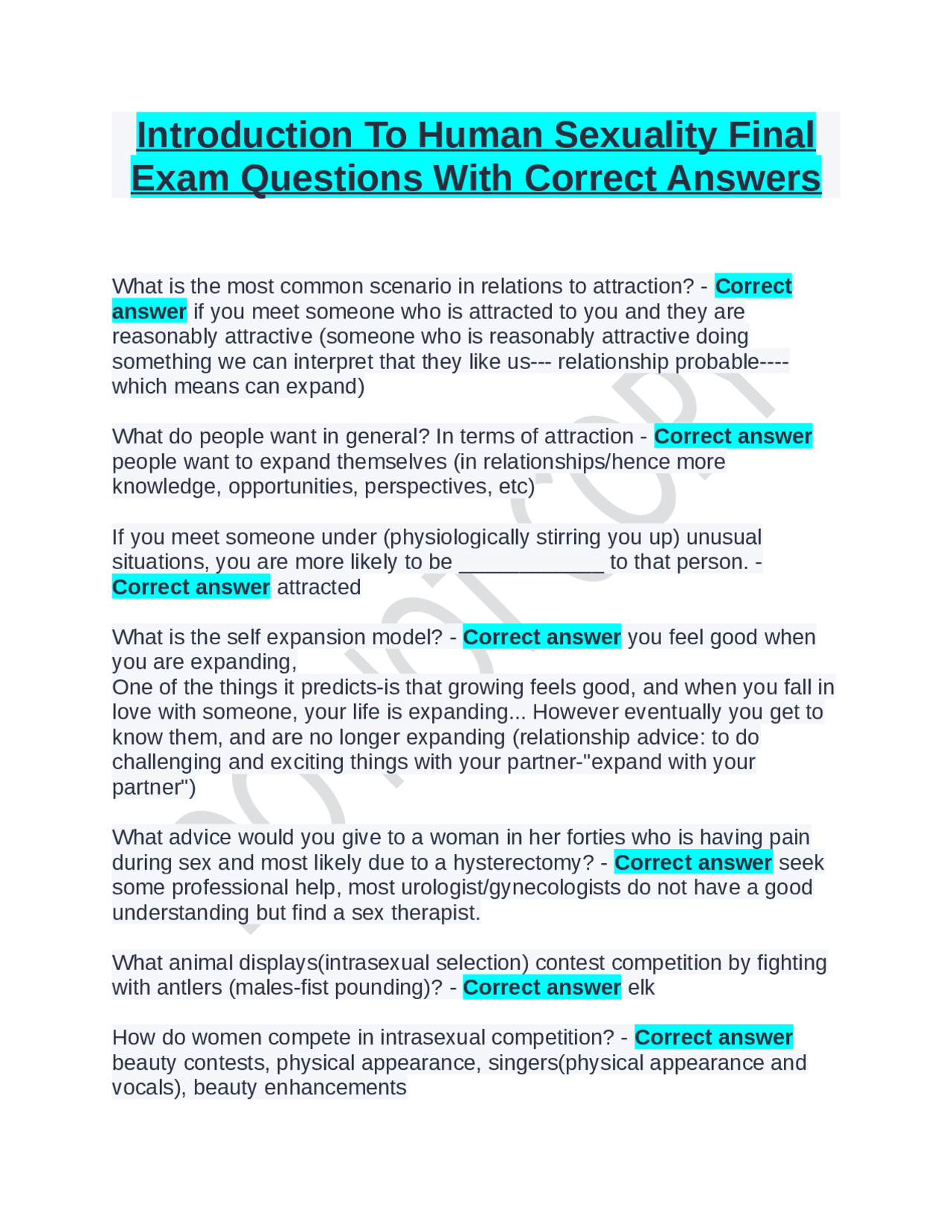 Introduction To Human Sexuality Final Exam Questions With Correct ...