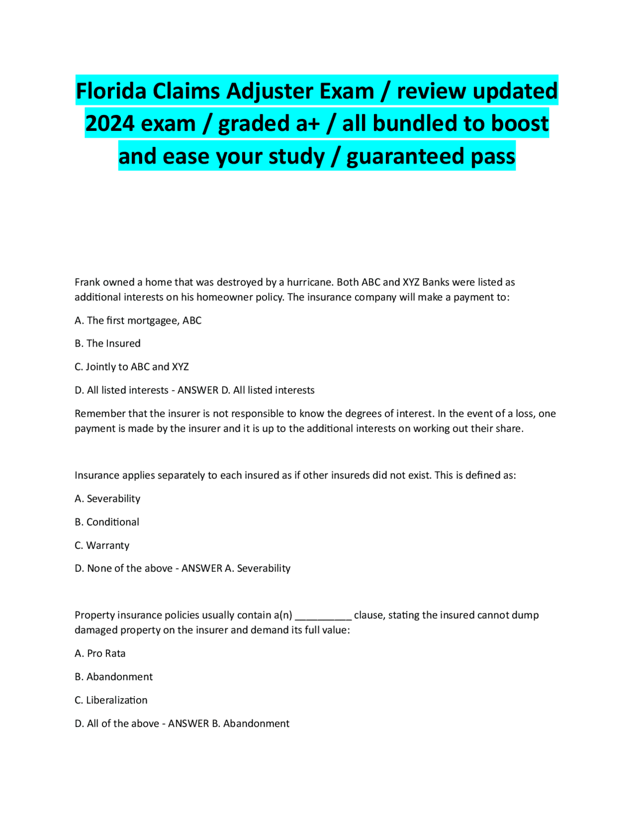 Florida Claims Adjuster Exam Review: Multiple Choice Questions and ...