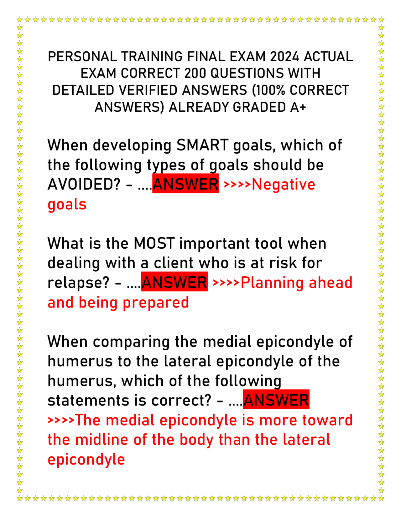 PERSONAL TRAINING FINAL EXAM 2024 ACTUAL EXAM CORRECT 200 QUESTIONS ...