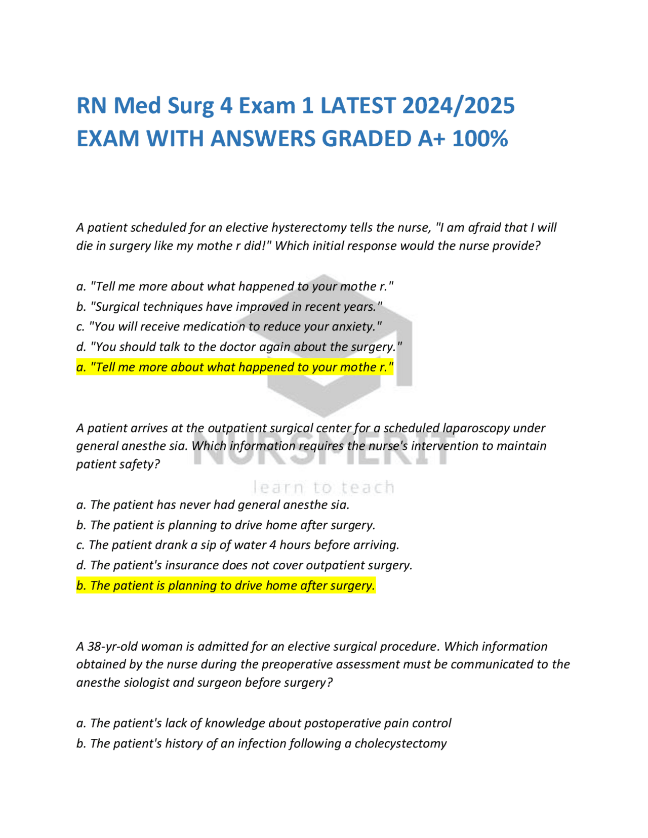 RN Med Surg 4 Exam 1 LATEST 2024/2025 EXAM WITH ANSWERS GRADED A+ 100% ...