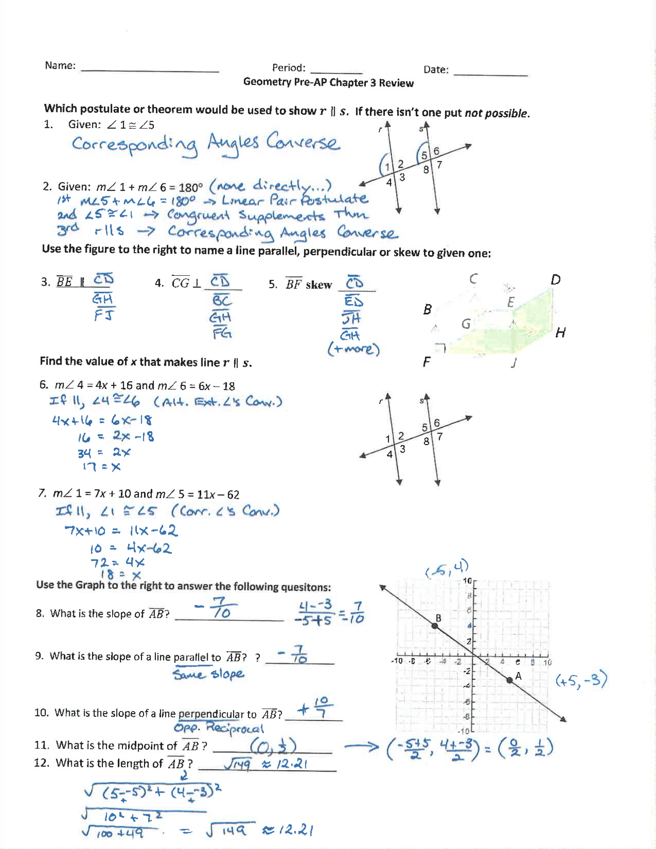 Chapter 3 final exam review answer key | Exams Geometry | Docsity