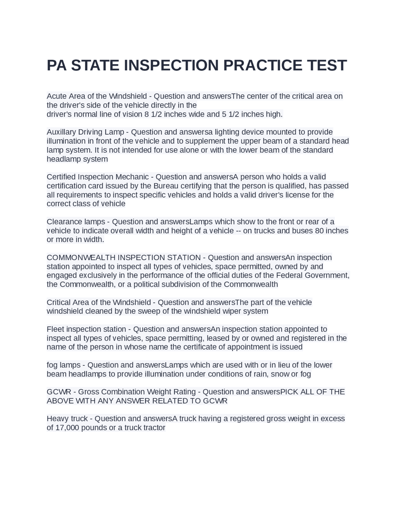 Pennsylvania State Vehicle Inspection Practice Test: Questions and ...