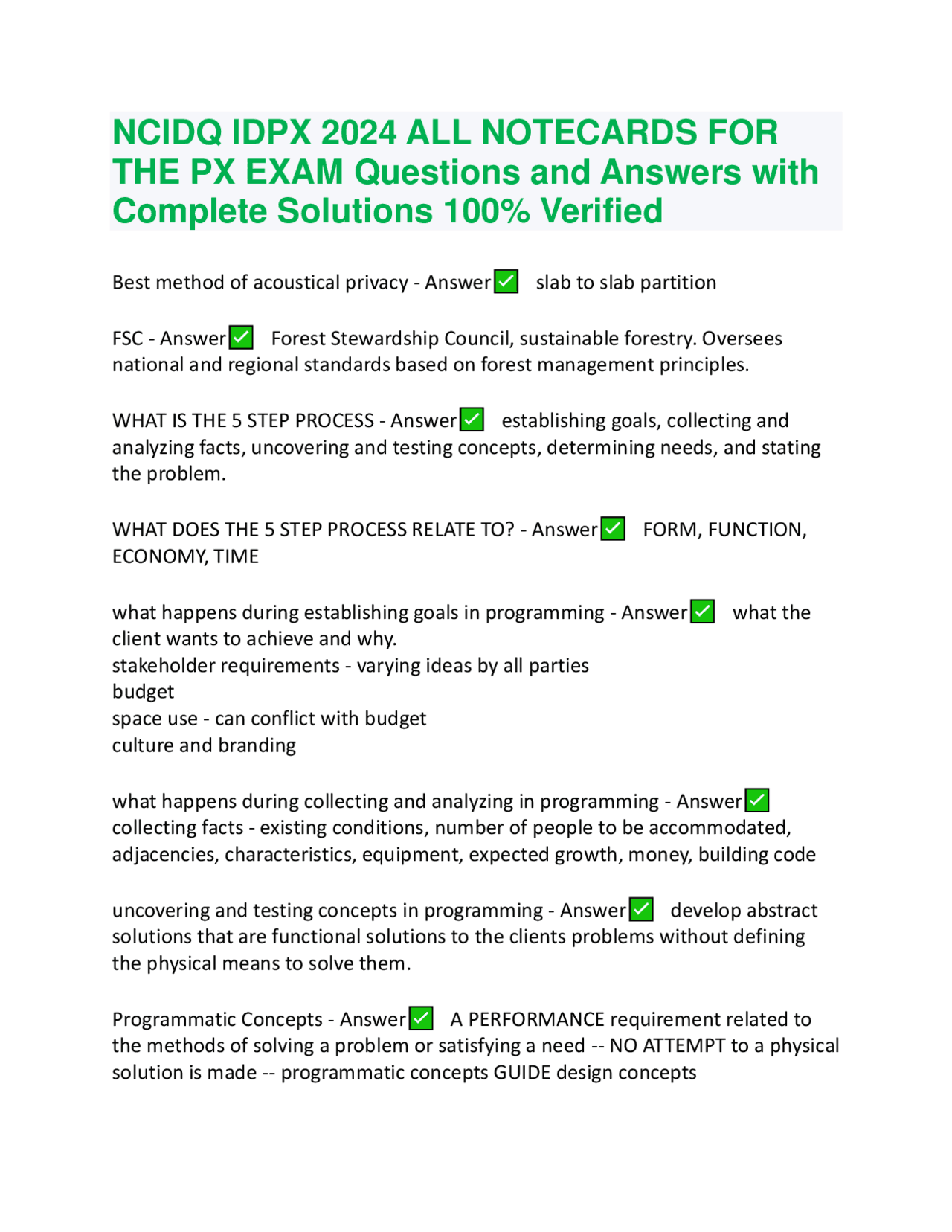 NCIDQ IDPX 2024 Exam Study Guide: Questions and Answers with Complete NCIDQ IDPX 2024 Exam Study Guide: Questions and Answers with Complete