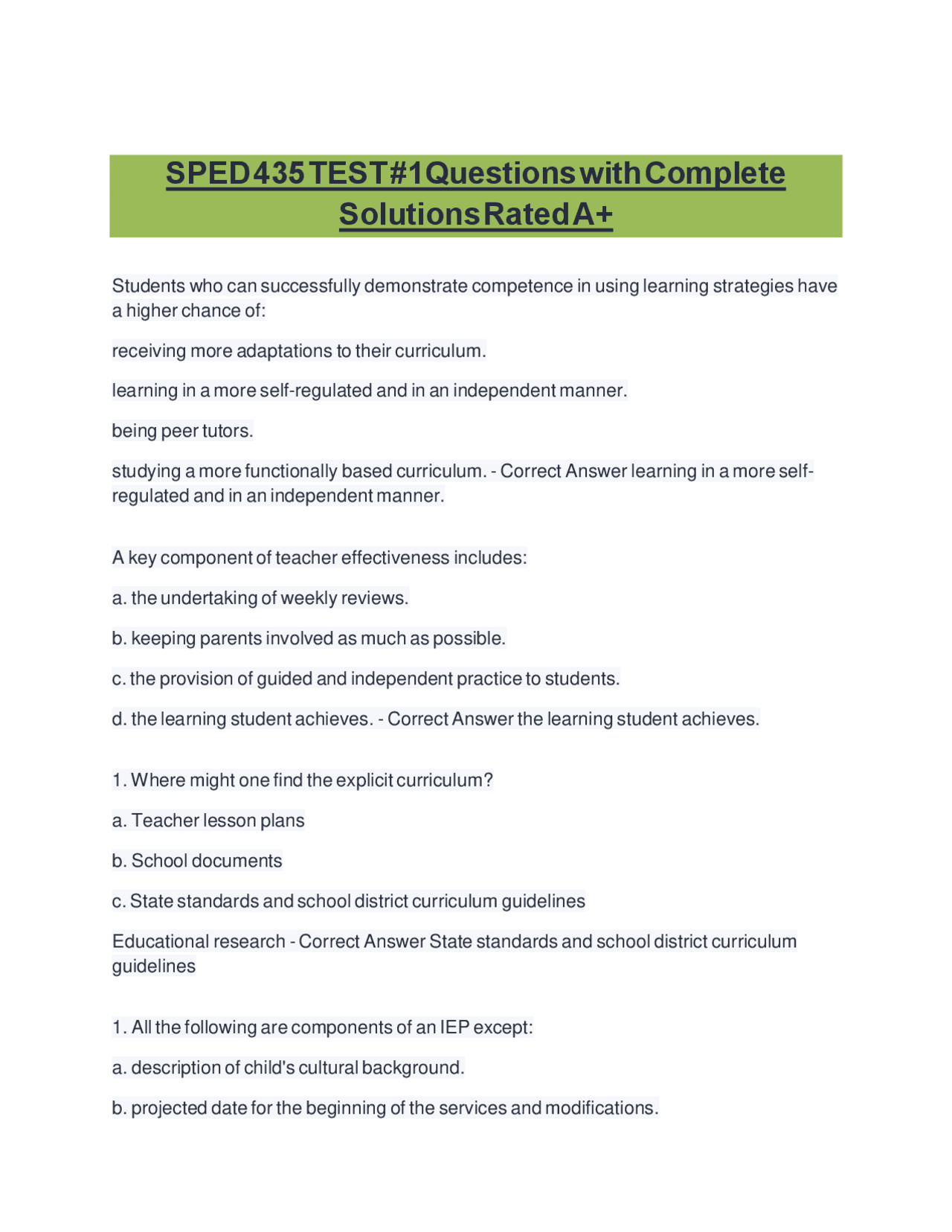 Sped Example Test SPED 435 Test #1 Questions and Answers: Learning Strategies and ...