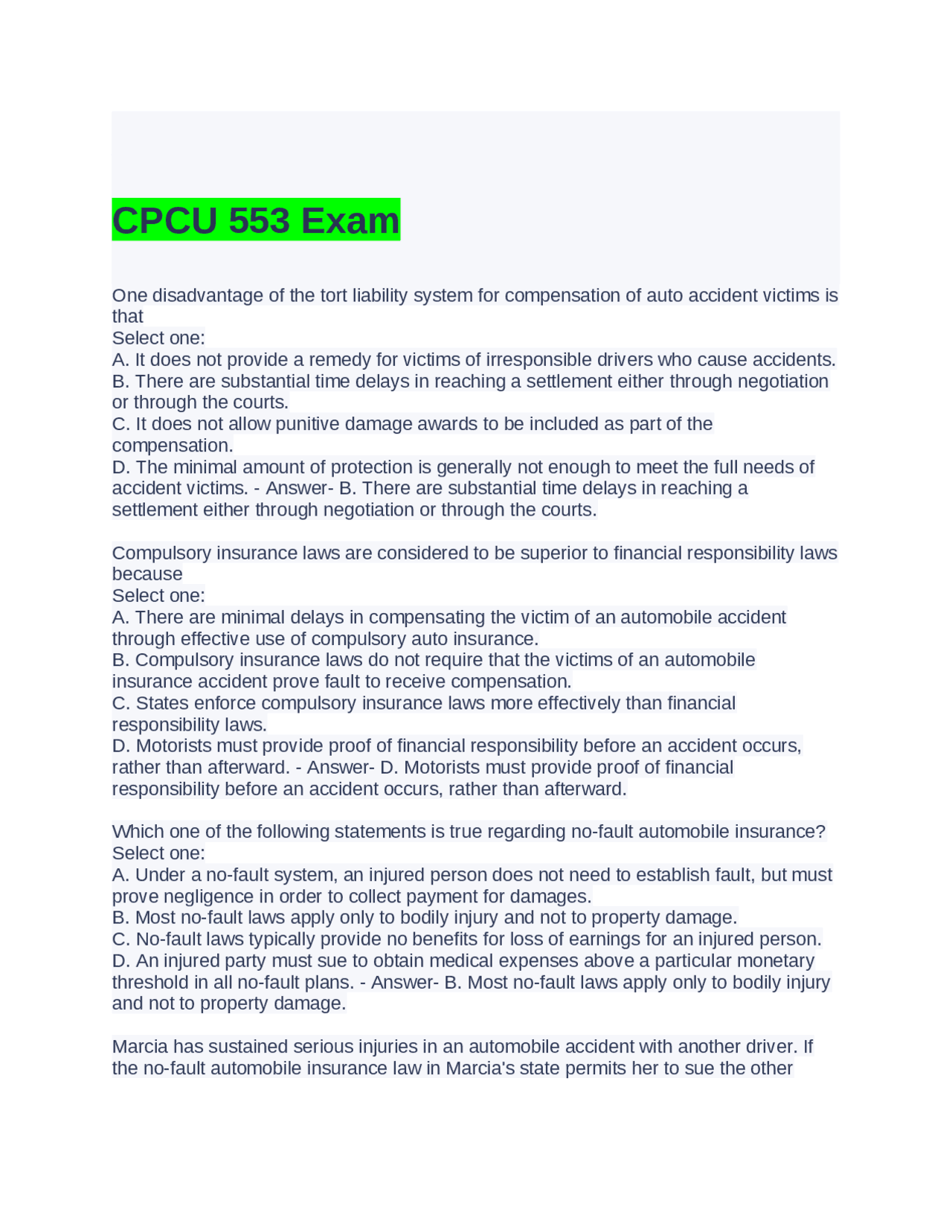 CPCU 553 Exam: Multiple Choice Questions and Answers | Exams 