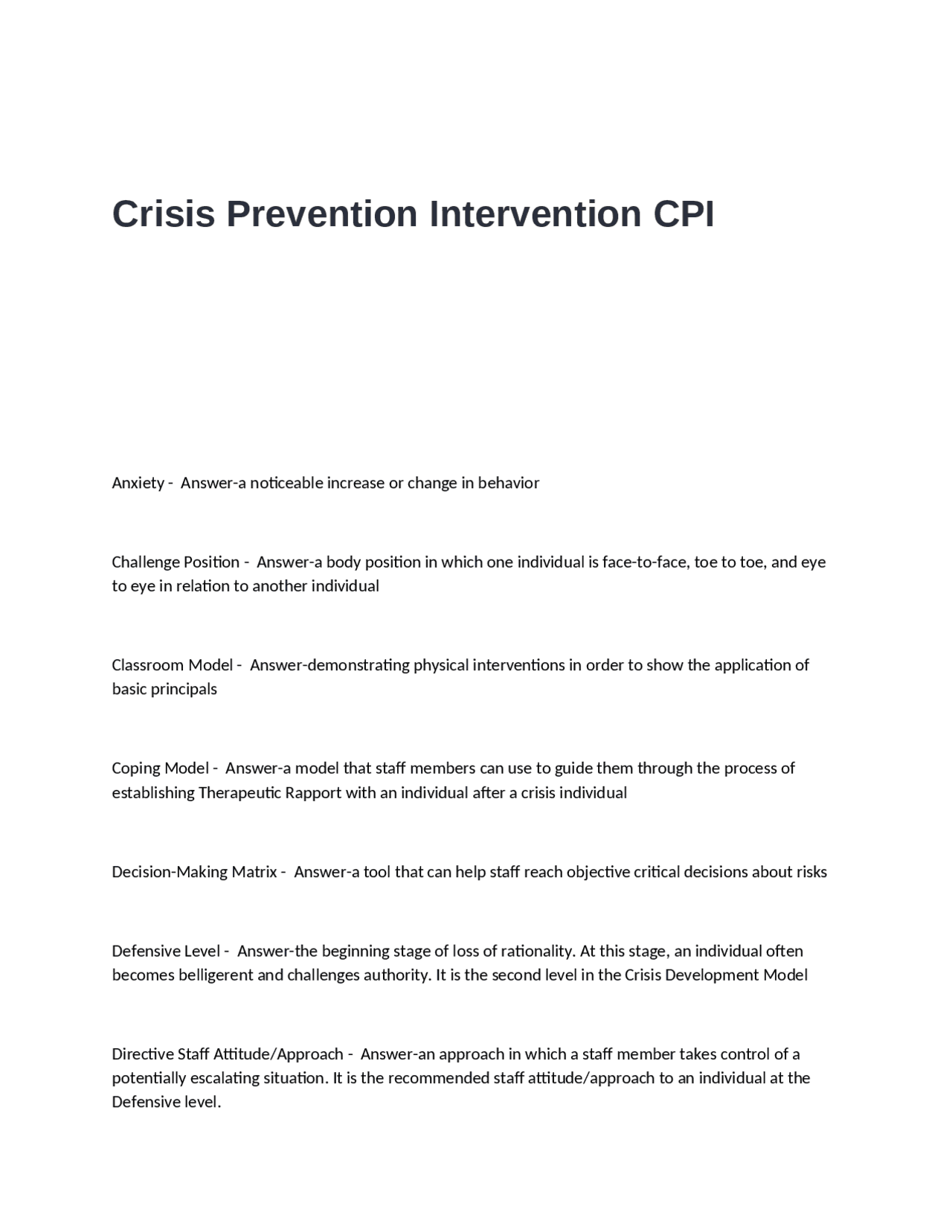 Crisis Prevention Intervention CPI Exam Questions and Correct Answers ...