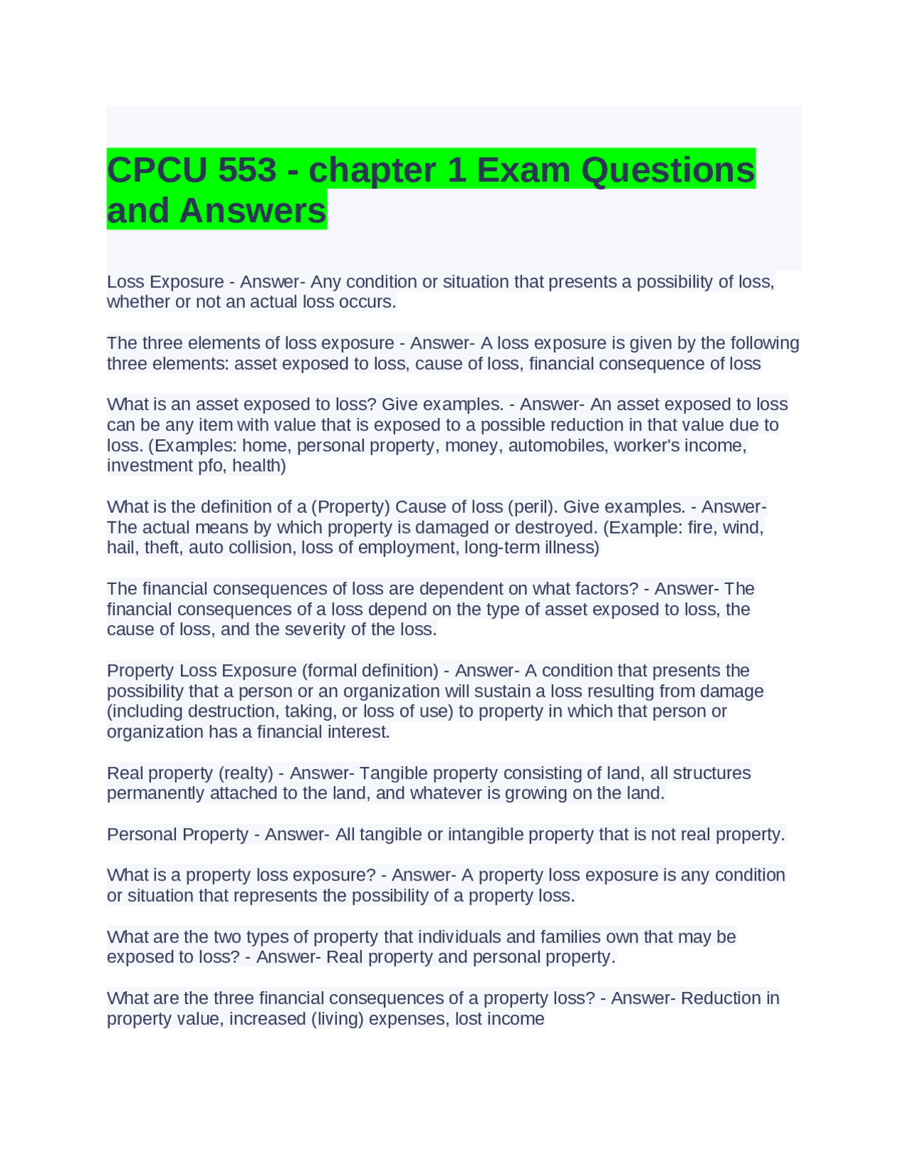 CPCU 553 - Chapter 1 Exam Questions and Answers: Loss Exposure | Exams ...